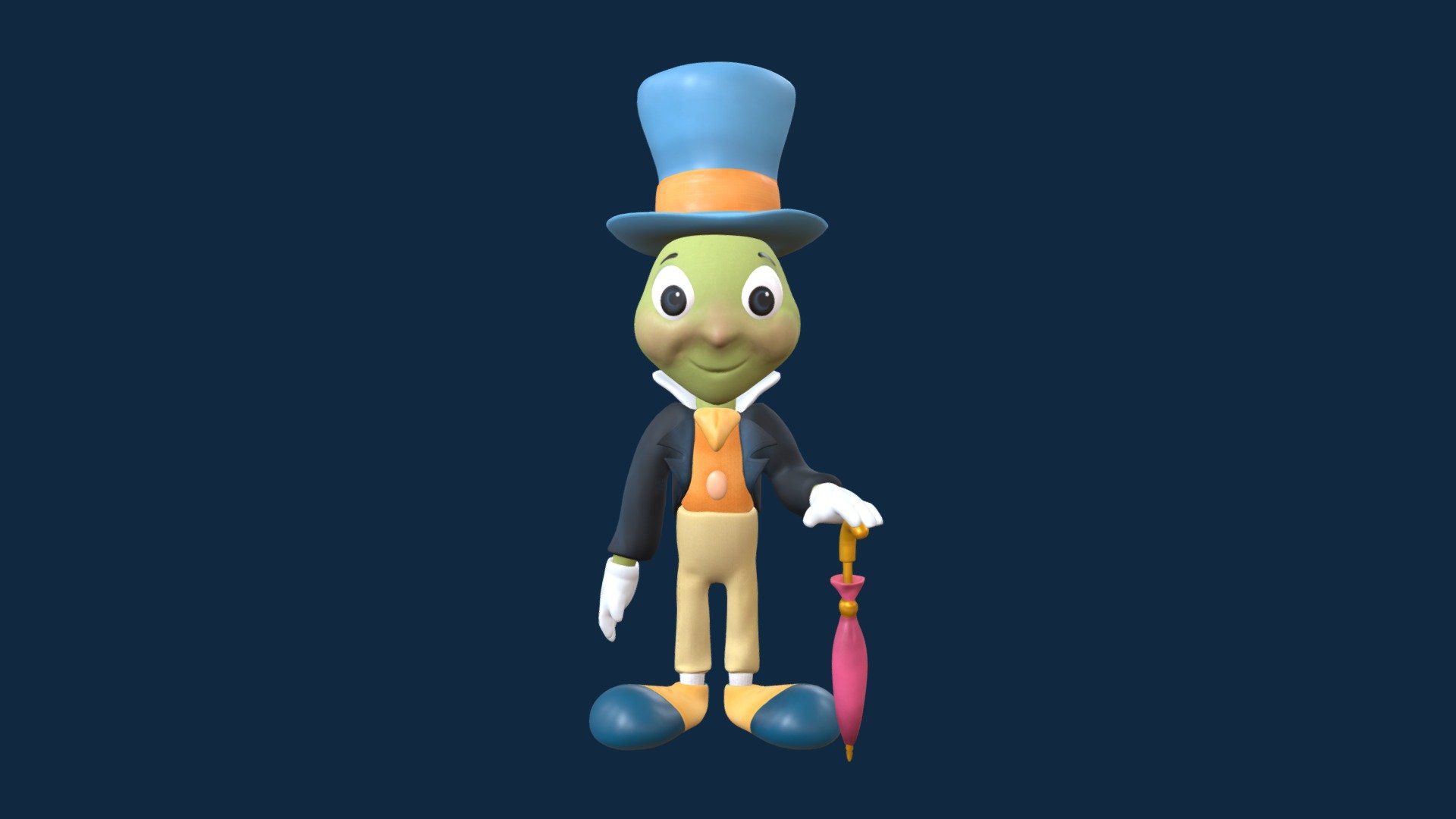 This was my very first character ! This was for a school project and I had lots of fun doing a replica of Disneys jiminy Cricket (all the rights to the character are reserved to disney) 3d model