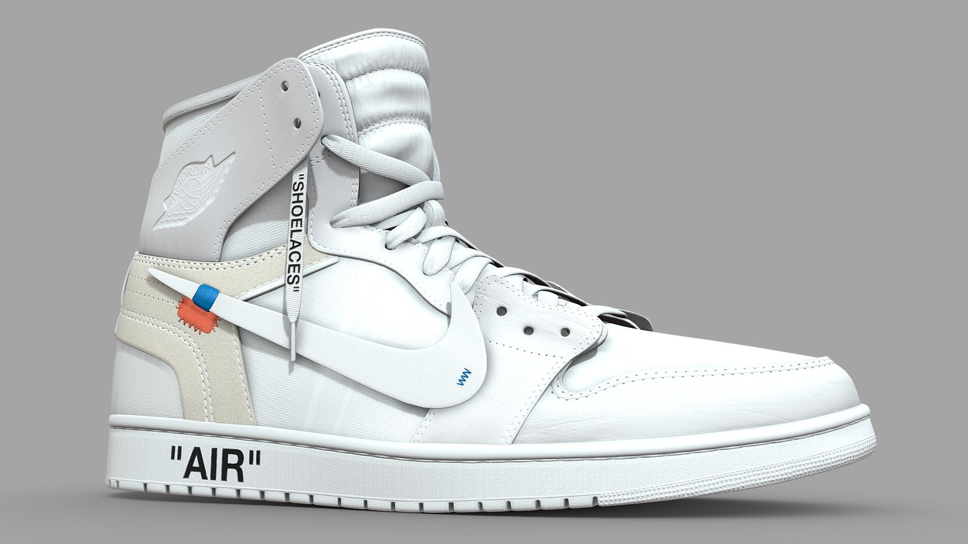 One of the most hyped sneakers of 2018. The Air Jordan 1 x Off White features a half finished, in construction type of look, with exposed foam and hastily stitched on swoosh. 

Modelled in Blender and textured in Substance, no detail went overlooked in the creation of this shoe. As a result it is subdivision ready. Unwrapped with quality at the forefront, the four texture sets allow the materials to take centre stage. 

What's included
Firstly, two versions of this model. The base version with 4 texture sets per shoe, and a One Mesh version that uses only 1 texture set per shoe. Both models are identical, only how they are unwrapped is different. The two texture sets have 5 maps, namely: Ambient Occlusion, Base Color, Metallic, Normal, and Roughness. All textures are 4096x4096. Meaning the One Mesh version has 4 2048x2048 textures 3d model