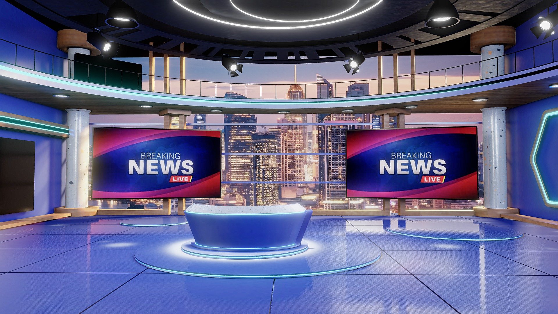 Broadcast news set design, interior layouts for news shows, television and television sets, blue screens can hold news contents. 
Designed in the style of futuristic urbanity 3d model