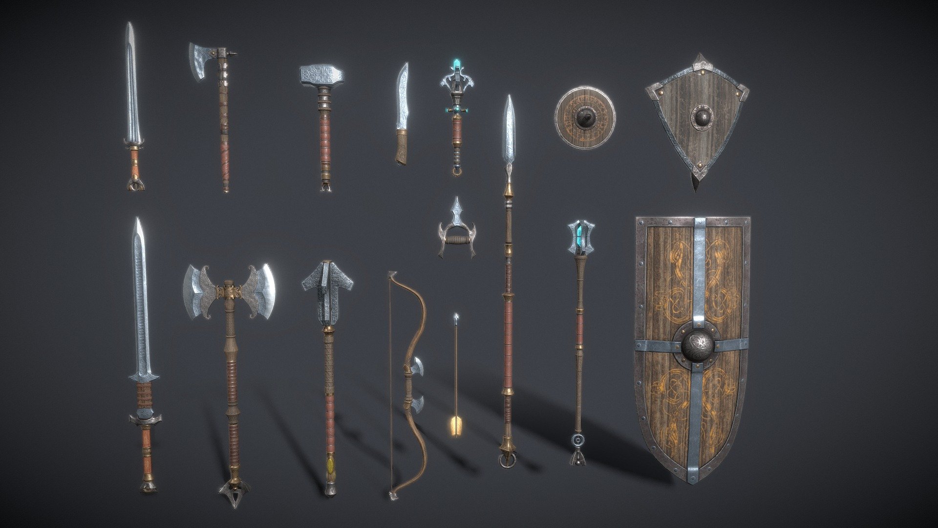 A set of fantasy Nordic weapons.

The set consists of sixteen unique objects.

PBR textures have a resolution of 2048x2048.

Total polygons: 45806 triangles; 23210 vertices.

1) Sword (one-handed) - 2448 tris

2) Sword (two-handed) - 3798 tris

3) Mace (one-handed) - 2794 tris

4) Mace (two-handed) - 3524 tris

5) Ax (one-handed) - 3160 tris

6) Ax (two-handed) - 4968 tris

7) Lance - 3092 tris

8) Dagger - 910 tris

9) Brass knuckles - 2528 tris

10) Bow - 2856 tris

11) Staff - 4100 tris

12) Scepter - 4808 tris

13) Shield (small) - 2064 tris

14) Shield (medium) - 2002 tris

15) Shield (great) - 2366 tris

16) Arrow - 388 tris

Archives with textures contain:

PNG textures for blender - base color, metallic, normal, roughness, opacity, glow

Texturing Unity (Metallic Smoothness) - AlbedoTransparency, MetallicSmoothness, Normal, Emission

Texturing Unreal Engine - BaseColor, Normal, OcclusionRoughnessMetallic, Emissive - Nordic Fantasy Weapon Set - 3D model by zilbeerman 3d model