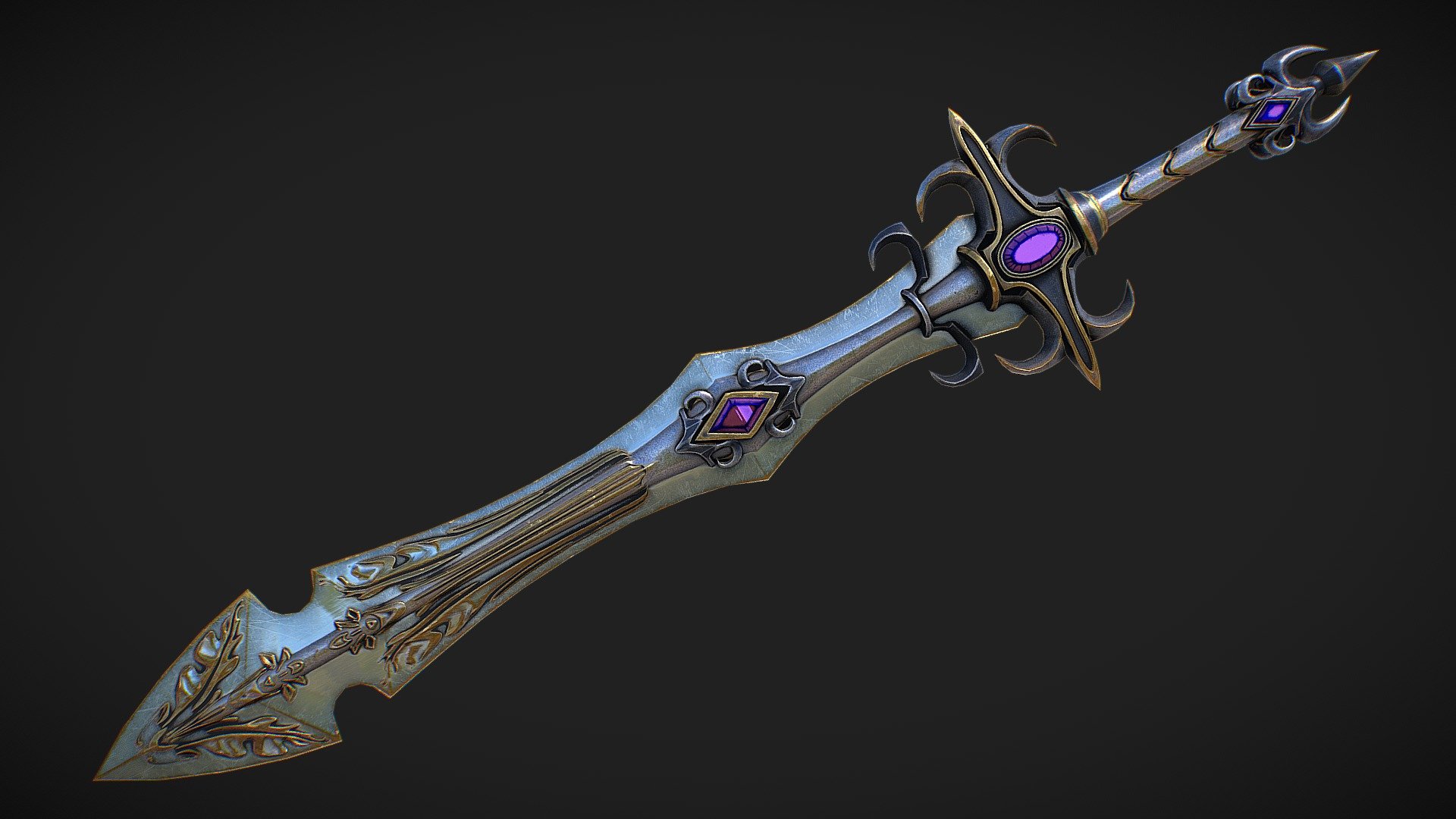Hello. This is a high definition quality polygon of a Fantasy sword 22 3D Model with PBR textures. Extremely detailed and realistic. Suitable for movie prop, architectural visualizations, advertising renders and other. The archive includes Obj and FBX, Marmoset scene, textures for the Unity: Base color, Height, Metallic, Mixed AO, Normal_OpenGL, Roughness. And also included in the archive textures for UE: BaseColor, Normal, OcclusionRoughnessMetallic. All textures are 4k resolution. The number of materials corresponds to the number of main objects in the scene. The model contains 1 object: Fantasy_sword_22 - Fantasy_sword_22 - Buy Royalty Free 3D model by Nicu_Tepes_Vulpe 3d model