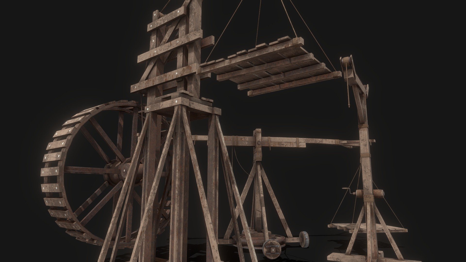 Realistic Medieval Cranes!

Designed for games in Low-poly PBR including Albedo, Normal, Metallic, AO, and Roughness 4K textures.
All models in scene share one 4K Texture map.

This model from Ferocious Industries can be found in 3 different material skins, and this one uses the ‘Used’ texture set.

Triangles -

Hanging Pallet: 856
Saw Crane: 7828
Dock Crane: 2512
Treadwheel Crane: 5060 - PBR Medieval Cranes - Buy Royalty Free 3D model by Ferocious Industries (@ferociousindustries.matthias) 3d model