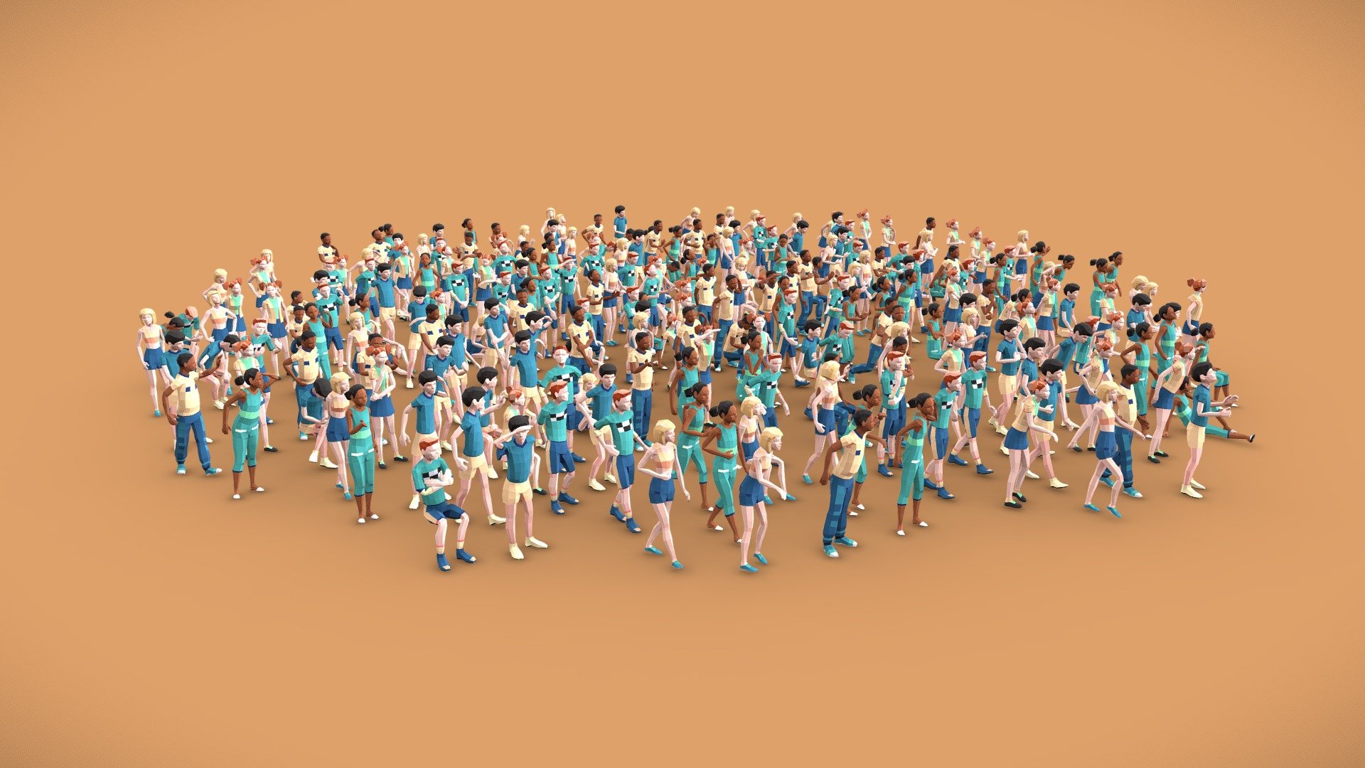 Static figures crafted from 6 unique pre-teen characters—3 girls and 3 boys—with 40 poses, this pack is perfect for depicting youthful and energetic scenes. Though they can all share a single texture, 21 additional texture variants are included, allowing for quick changes in color styles. Each character averages 800 polygons (or 1,600 triangles).

Ideal for ArchViz and graphic design, especially those focusing on children's spaces or activities!

Files are conveniently organized in two ways:




6 scene files, each containing 40 poses.

240 individual files, one for each pose, with meaningful filenames to identify characters and poses.

Available in MAX, FBX, and OBJ formats.

This pack if subset of: 4,000 Posed People Ultimate for ArchViz

See rigged alternative for animation and games: Low Poly Young Boys and Girls Rigged Pack - 240 Posed Kids - Girls and Boys Low-Poly Style - Buy Royalty Free 3D model by Denys Almaral (@denysalmaral) 3d model
