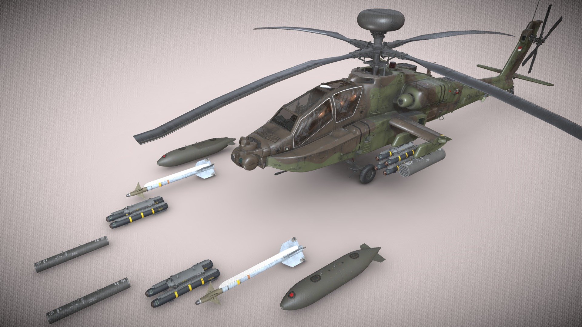 Helicopter Apache AH-64E Guardian Indonesia Static


Basic and Complex Animation versions are available as seperate models (see my profile models)


File formats: 3ds Max 2021, FBX, Unity 2021.3.5f1


Weapon:


* - External Fuel Tank 

* - Launcher M-260 with Hydra 70 missiles 

* - Launcher M-261 with Hydra 70 missiles 

* - Hellfire launcher and missiles 

* - M230 chain gun 


This model contains PNG textures(4096x4096):


-Base Color

-Metallness

-Roughness


-Diffuse

-Glossiness

-Specular


-Emission

-Normal

-Ambient Occlusion
 - Apache AH-64E Guardian Indonesia Static - Buy Royalty Free 3D model by pukamakara 3d model