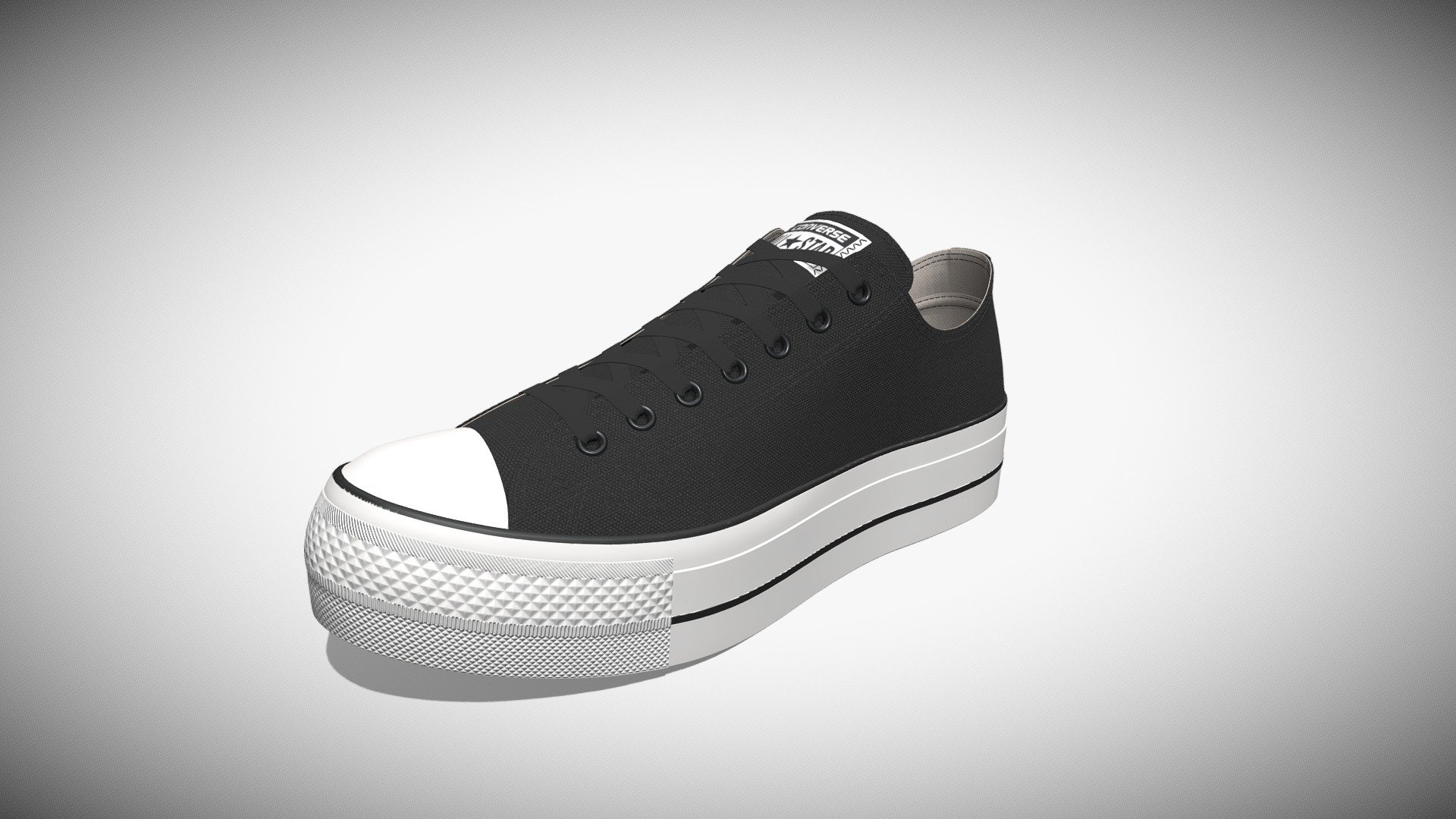Detailed 3D model of a pair of black Chuck Taylor All Star Lift Platform Low Top sneakers, modeled in Cinema 4D. The model was created using approximate real world dimensions.

The model has 381,166 polys and 397,810 vertices.

An additional file has been provided containing the original Cinema 4D project file with both standard and v-ray materials, textures and other 3d format such as 3ds, fbx and obj. These files contain both the left and right pair of the shoes 3d model