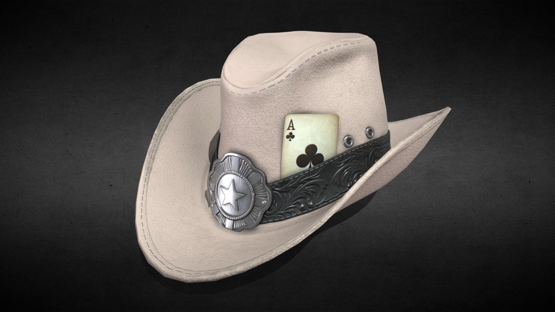 Our 3D cowboy hat model is a testament to authenticity, featuring a soft beige suede finish that invokes the rugged yet inviting feel of the Wild West. The material is finely stitched, offering a realistic texture that's nearly tangible. A boldly crafted silver sheriff's badge provides a striking contrast with its metallic sheen, complementing the dark, ornately tooled leather band that encircles the base of the hat. Tucked into the band, an aged ace of clubs card adds a touch of mystery and gamble, rounding off a model that exudes both detail and character 3d model