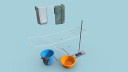 Bathroom Decorations | Game Assets bucket, unreal, game-ready, towels, towel-rack, unity, pbr, lowpoly, bathroom-decorations, buket-with-rag, floor-mop, wash-bowl, noai