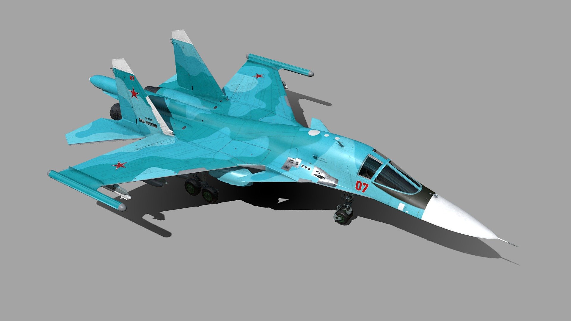 Purchase link is here https://www.artstation.com/artwork/KO39w9

The Sukhoi Su-34 is a Russian twin-engine, twin-seat, all-weather supersonic medium-range fighter-bomber/strike aircraft.It first flew in 1990, and it entered service in 2014 with the Russian Air Force.

Based on the Sukhoi Su-27 Flanker air superiority fighter, the Su-34 has an armoured cockpit for side-by-side seating of its two-person crew. The Su-34 is designed primarily for tactical deployment against ground and naval targets - Sukhoi Su-34 Fullback - Buy Royalty Free 3D model by Tim Samedov (@citizensnip) 3d model
