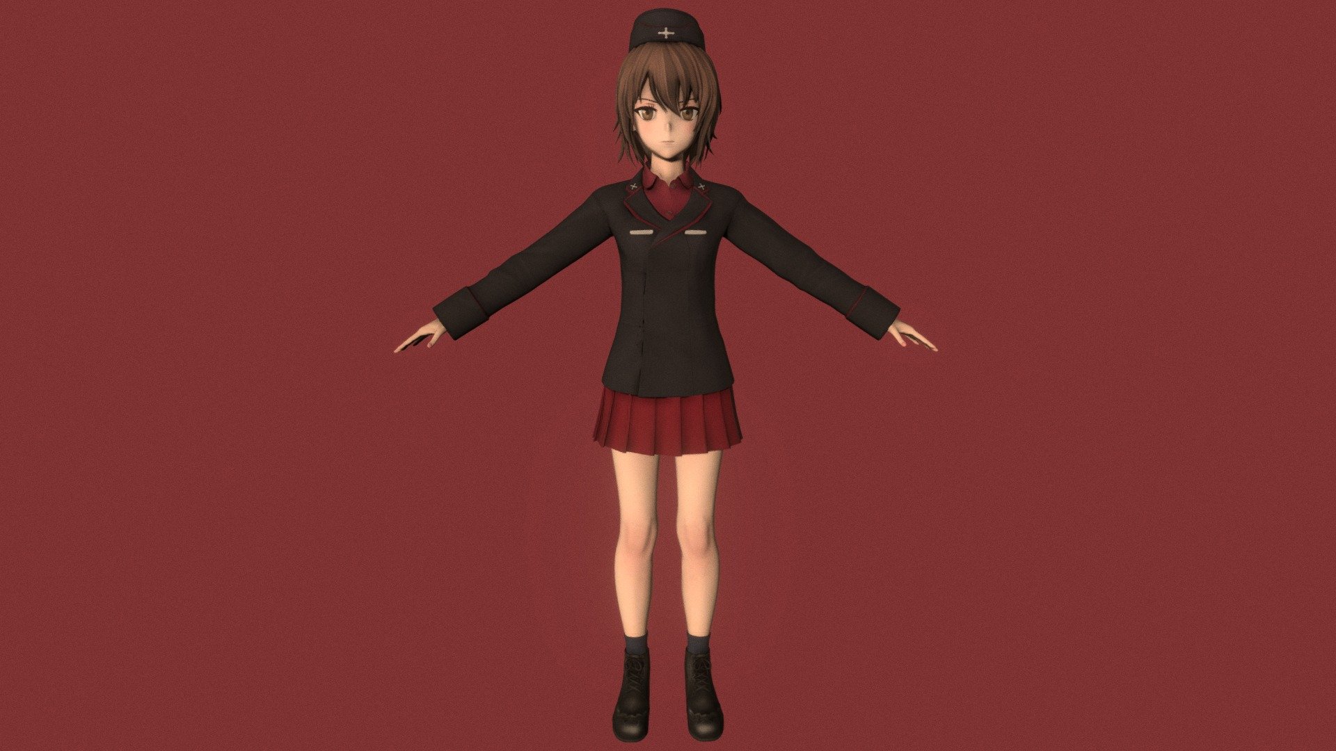T-pose rigged model of anime girl Maho Nishizumi (Girls und Panzer).

Body and clothings are rigged and skinned by 3ds Max CAT system.

Eye direction and facial animation controlled by Morpher modifier / Shape Keys / Blendshape.

This product include .FBX (ver. 7200) and .MAX (ver. 2010) files.

3ds Max version is turbosmoothed to give a high quality render (as you can see here).

Original main body mesh have ~7.000 polys.

This 3D model may need some tweaking to adapt the rig system to games engine and other platforms.

I support convert model to various file formats (the rig data will be lost in this process): 3DS; AI; ASE; DAE; DWF; DWG; DXF; FLT; HTR; IGS; M3G; MQO; OBJ; SAT; STL; W3D; WRL; X.

You can buy all of my models in one pack to save cost: https://sketchfab.com/3d-models/all-of-my-anime-girls-c5a56156994e4193b9e8fa21a3b8360b

And I can make commission models.

If you have any questions, please leave a comment or contact me via my email 3d.eden.project@gmail.com 3d model