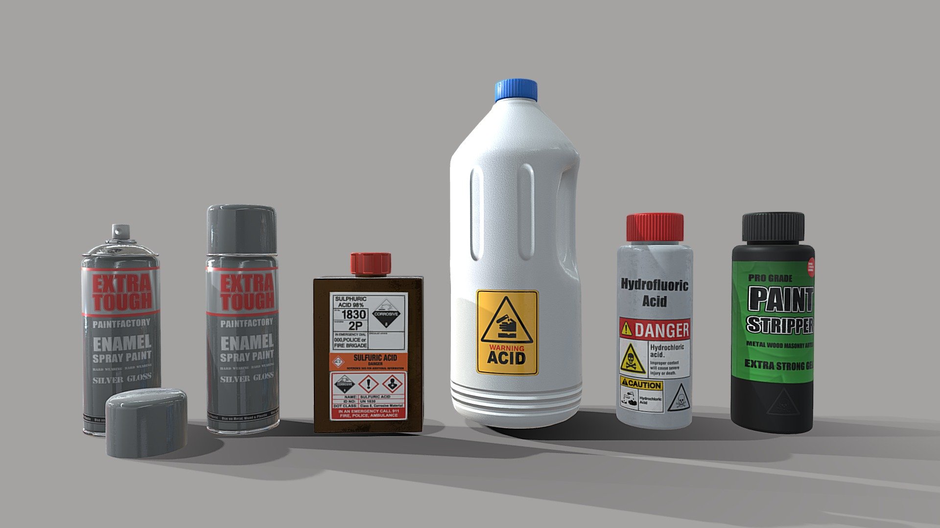 Handy set of chemical bottles to use any any sort of environment such as a Laboratory or a garage.  

Sulfuric acid
hydrofluoric acid
Spray paint
Generic Acid 
Paint stripper

PBE textures @4k - Selection of chemical products - Buy Royalty Free 3D model by Sousinho 3d model