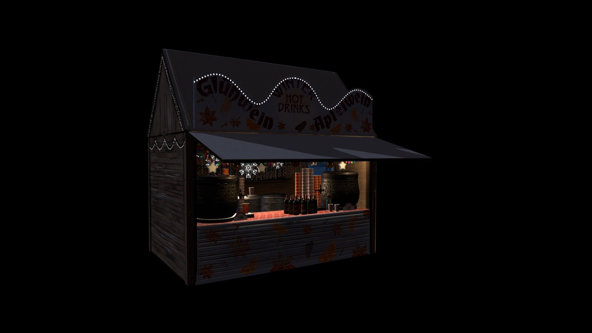 Christmas Market Gluhwein Chalet- is one of the 6 Chalets of the Christmas Market asset. Almost all models have Diffuse, Normal, Gloss and Specular maps. Some models as chalet itself and Xmas lights have also Emission maps and transperency maps. All models are made in OBJ, FBX and 3dsMax formats. This models set will suit for Christmas projects and not only. Demo Video:https://www.youtube.com/watch?v=f-ZwfqrEijE - Christmas Market Gluhwein Chalet - Buy Royalty Free 3D model by Vaarg 3d model
