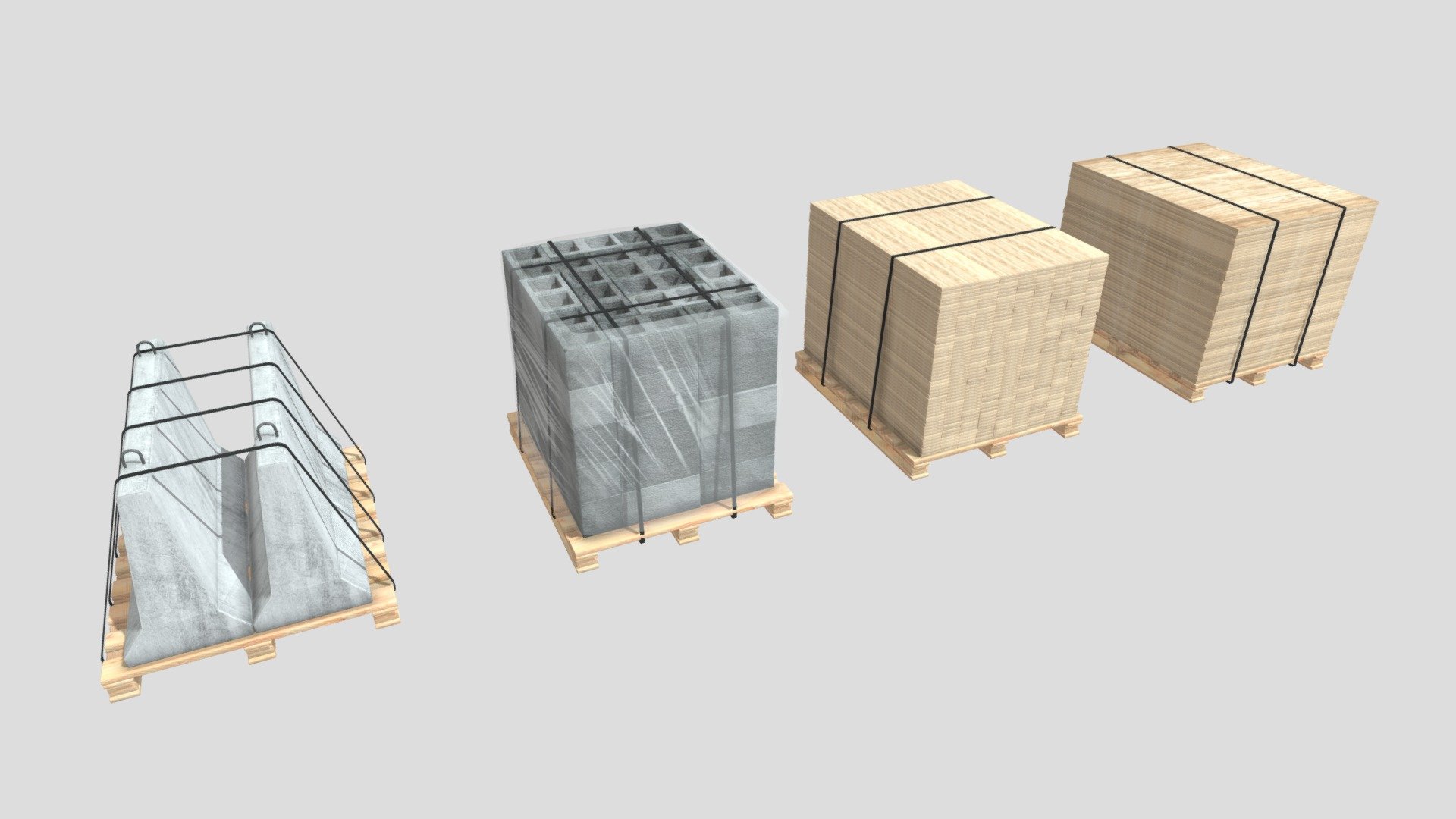 Palet Collection with cargo:

Concrete Trafic Barriers and bricks

Wood planks - Palet Collection 3 - Buy Royalty Free 3D model by kopofx 3d model