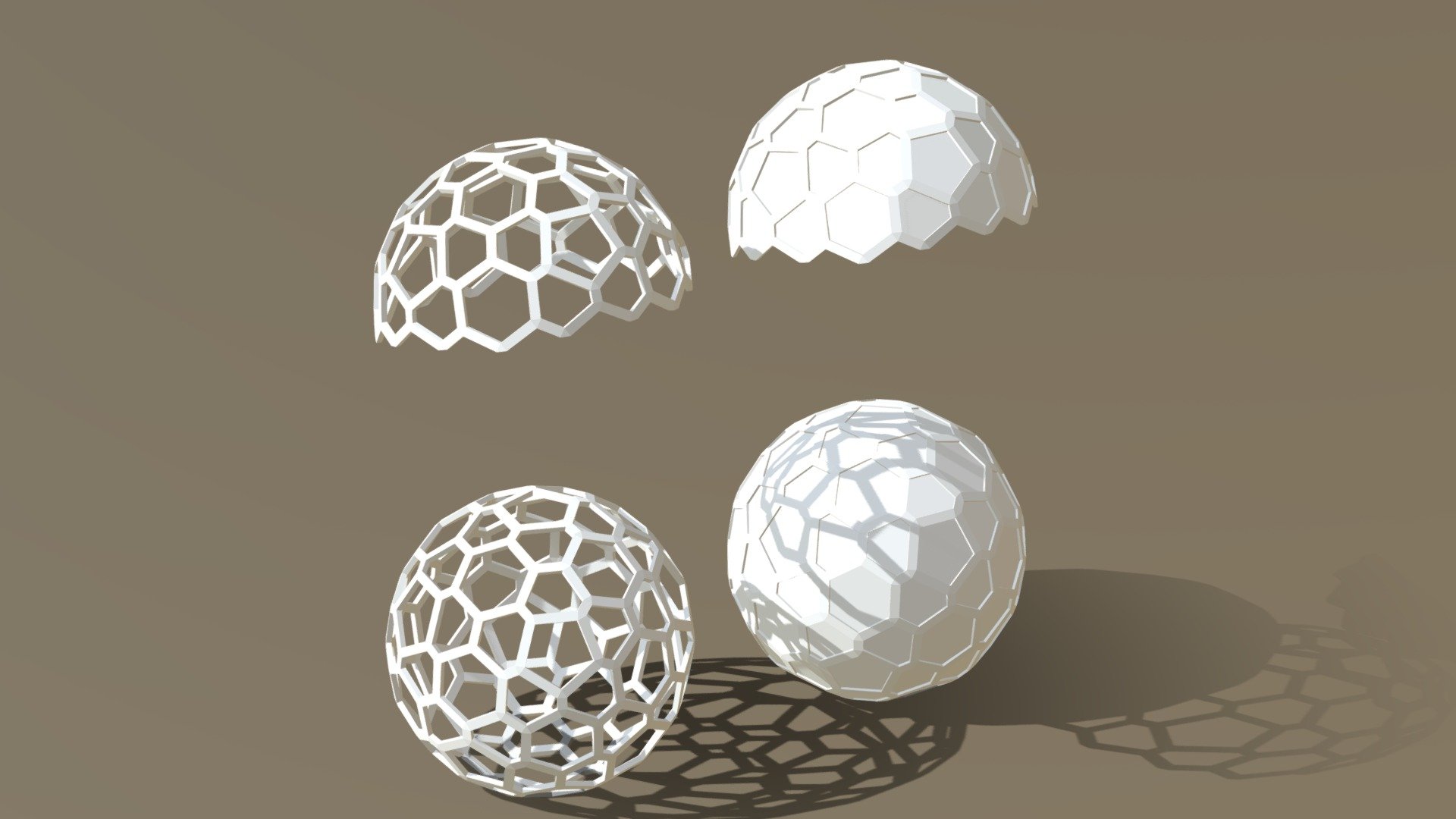 Honeycomb sphere looks like honeycomb cells made in ball form.  High quality polygonal 3d model base is icosahedron and made as decor.

This model  includes four variations:
sphere frame | sphere frame filled | half sphere – dome frame  | half sphere – dome frame filled

Geometric sphere 3D model can be used for 3D printing, Intereior designing, Decorations, Games, Digital desing, Digital Prints and many more 3d model