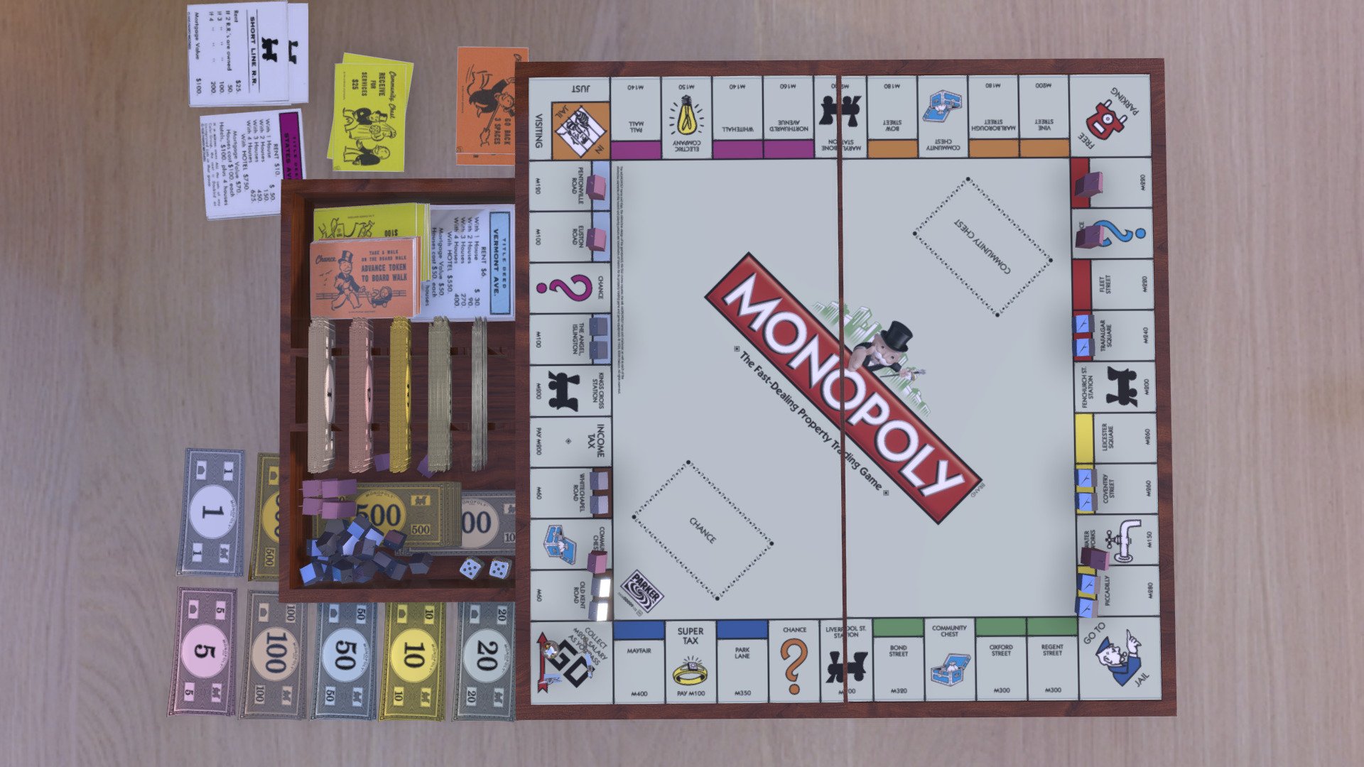 Gorgeous wood monopoly




22 cards (streets) with 8 different group colors

4 cards (railways)

2 cards (public companies)

32 houses

12 motels

16 cards (chance)

16 cards (community chest)

40 cards (1$), 40 (5$), 40 (10$), 50 (20$), 30 (50$), 20 (100$), 20 (500$).

3 pieces 

1 board (in 2 pieces) 

1 drawer with all inside

2 dices

frames here https://luismigueldirauso.wixsite.com/website/copy-of-cars-1?lightbox=dataItem-kmscls7t - MONOPOLY - Buy Royalty Free 3D model by luismi93 3d model