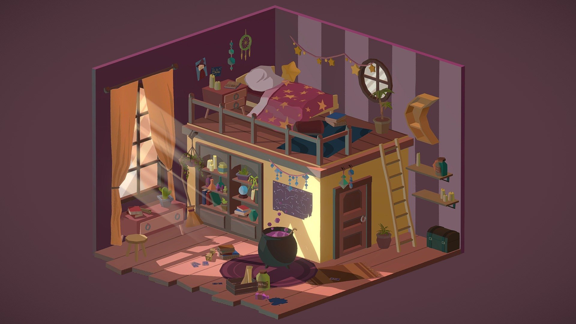 It's October and I wanted to make a little scene in the atmosphere of this month.
And I still love witches stuff.

It's also my participation for the #Isometric2020Challenge 3d model