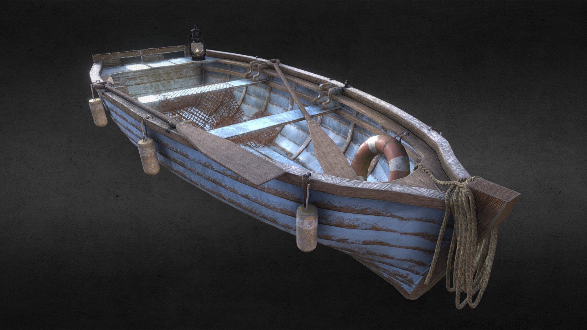 Low poly model of fishing boat with net, buoys, rope, oars and gas lamp 3d model