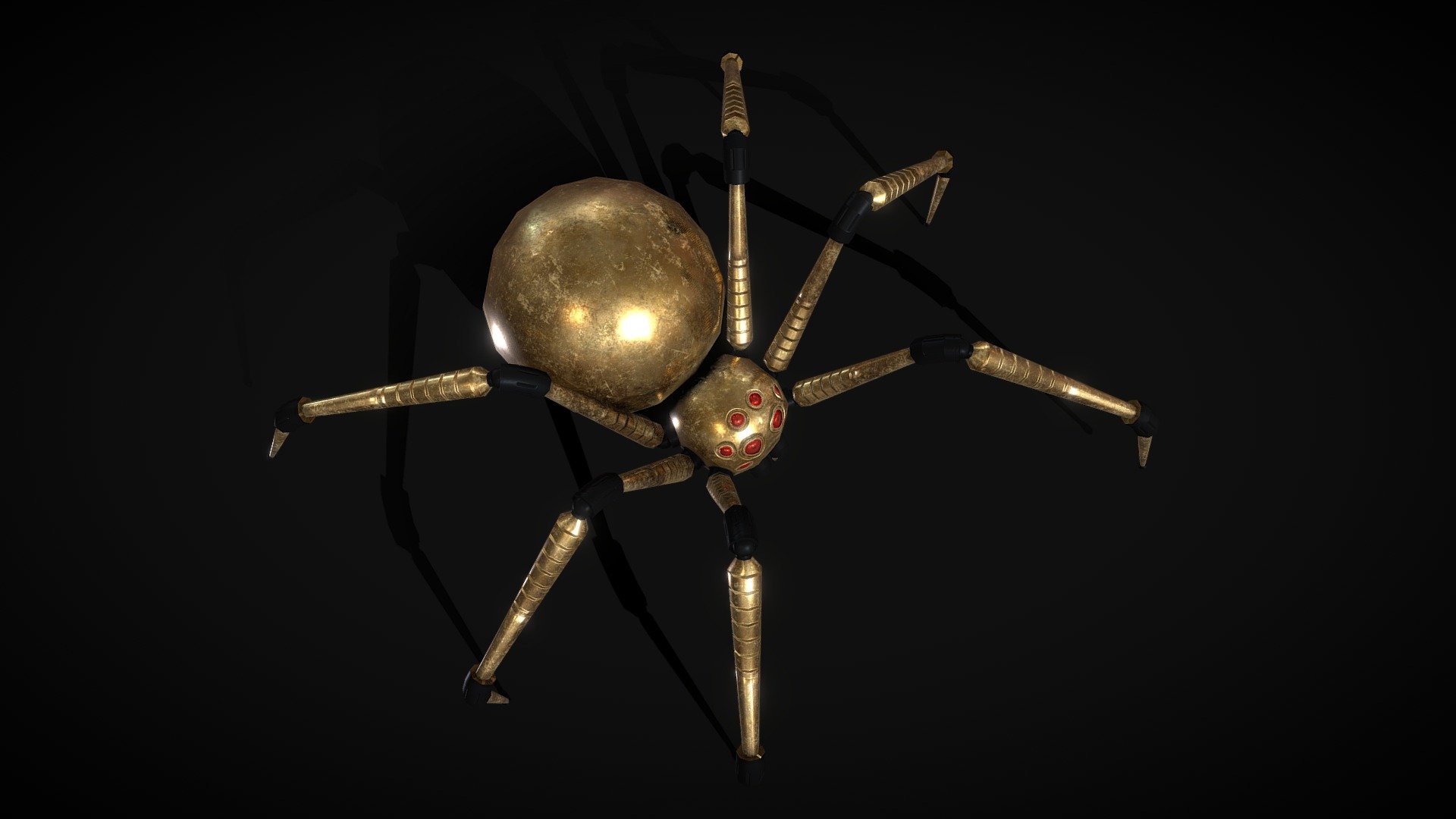 Game ready 3D model of animated mechanical spider for unanounced mobile game. All part use transform hyerarchy for animations and don't use skeleton as we don't require more that 1 bone weight in this case 3d model