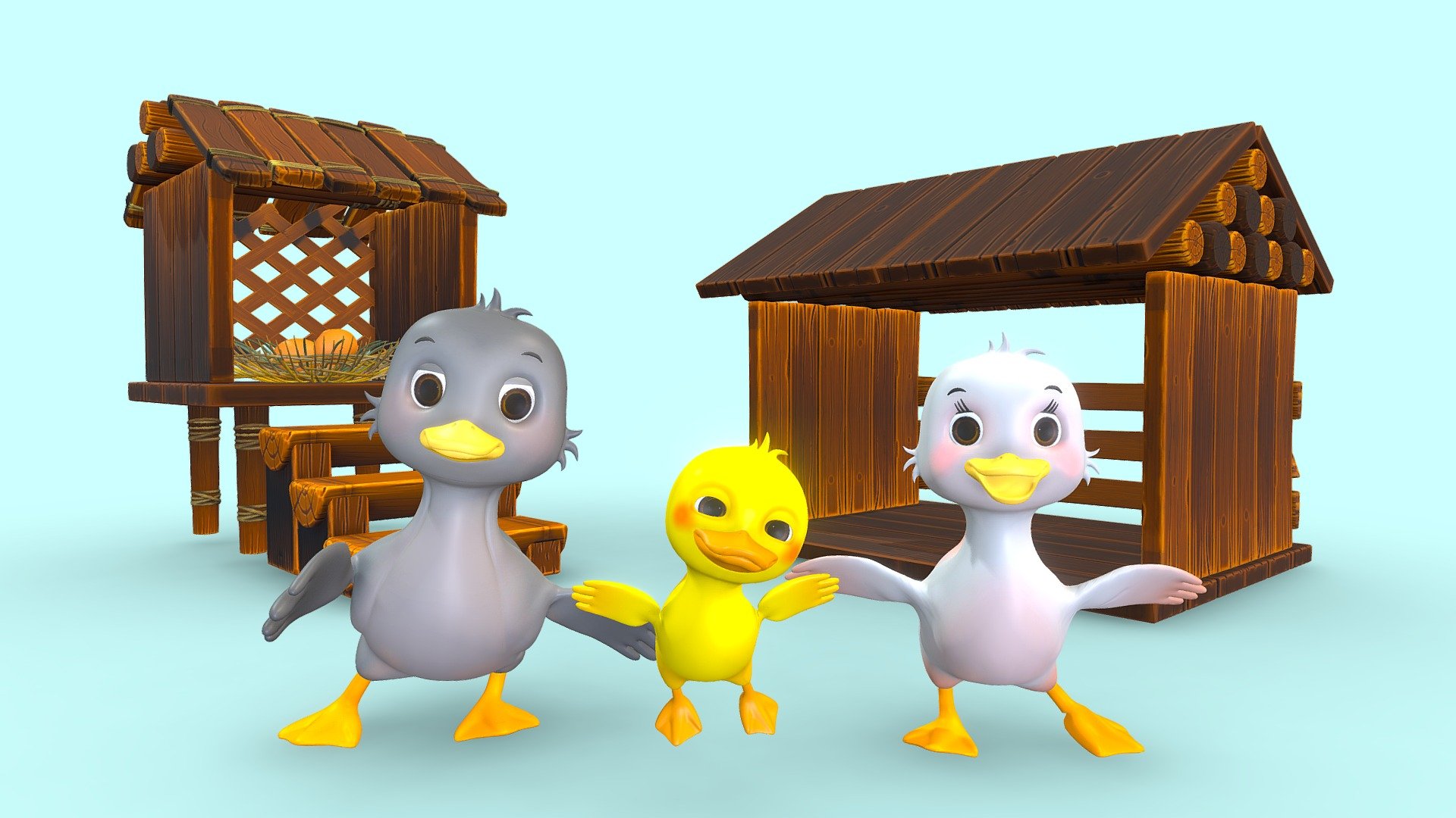 The cartoon duck family includes baby duck, Mumma duck, and daddy duck. Used different probs for ducks. Also included a duck house, nest, and eggs.

The model is packed with high resolution pbr textures, ready to be used in modern games or rhymes. Additional custom sail poses or higher resolution textures available on demand, reach out to me for more information on that 3d model