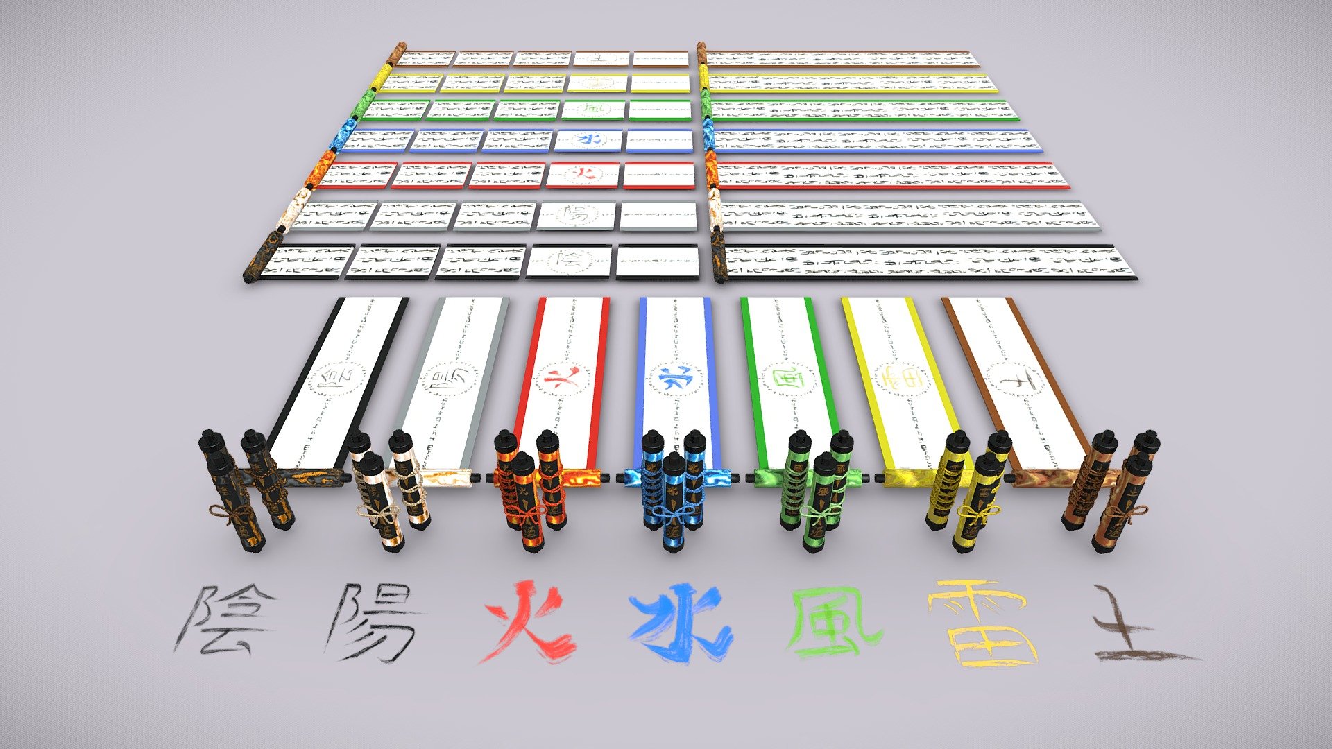 A set of 7 low poly, game ready, elemental ninja scrolls (巻物, Makimono).


Includes :

1. 3 closed scrolls models :
One with a big knot, one with 3 small knots, one with 6 small knots (the rope can be removed if needed)


2. The 7 scrolls are labelled with their real hand drawn kanji element, coupled with the word &ldquo;release