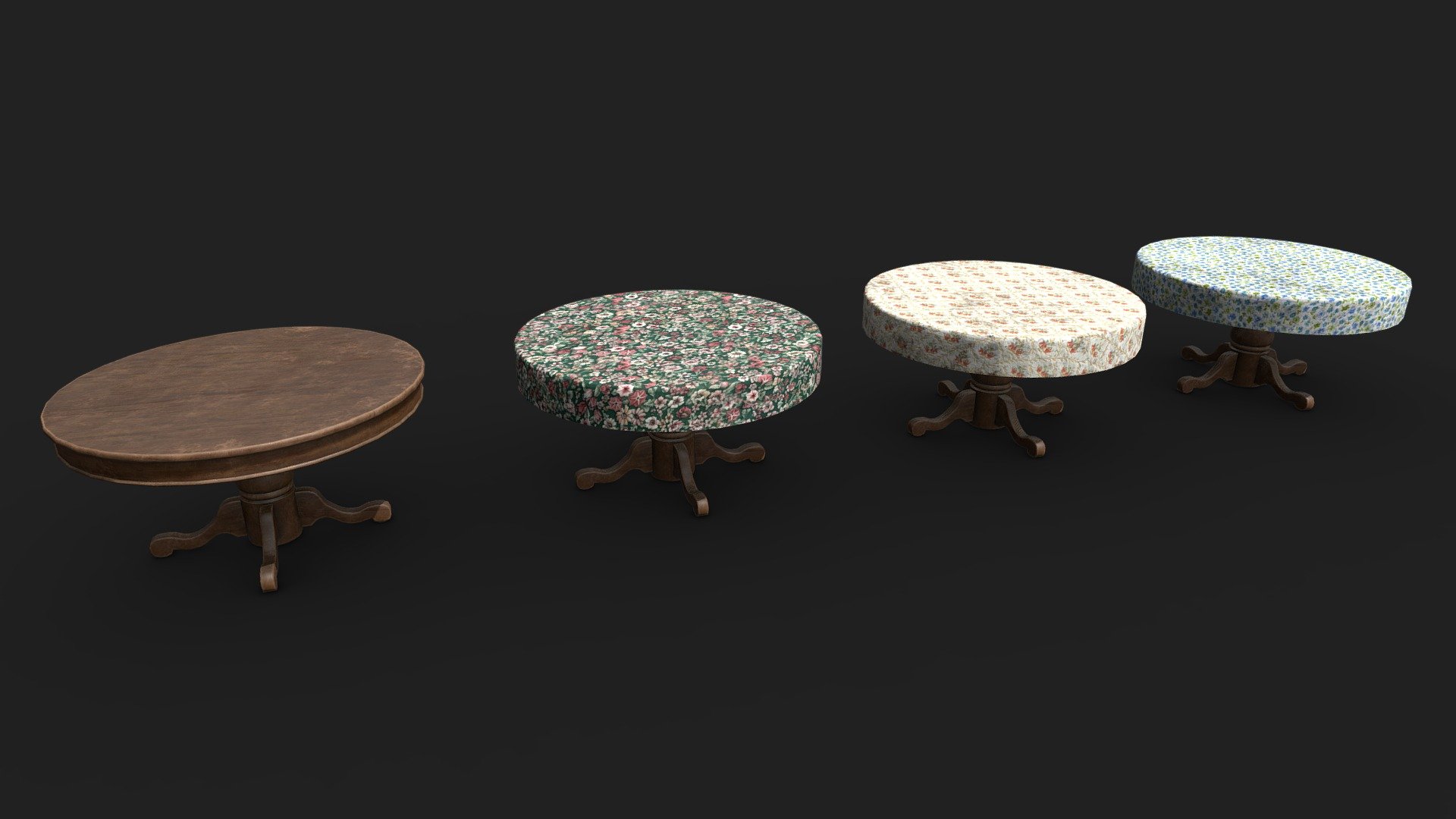 A round wooden table with 3 different materials of table cloth.

4x 2048x2048 textures packs (PBR Metal Rough, Unity HDRP, Unity Standard Metallic and UE4):

PBR Metal Rough- BaseColor, AO, Height, Normal, Roughness and Metallic;

Unity HDRP: BaseColor, MaskMap, Normal;

Unity Standard Metallic: AlbedoTransparency, MetallicSmoothness, Normal;

Unreal Engine 4: BaseColor, Normal, OcclusionRoughnessMetallic;

The package also has the .fbx, .obj, .stl, .dae and .blend file 3d model