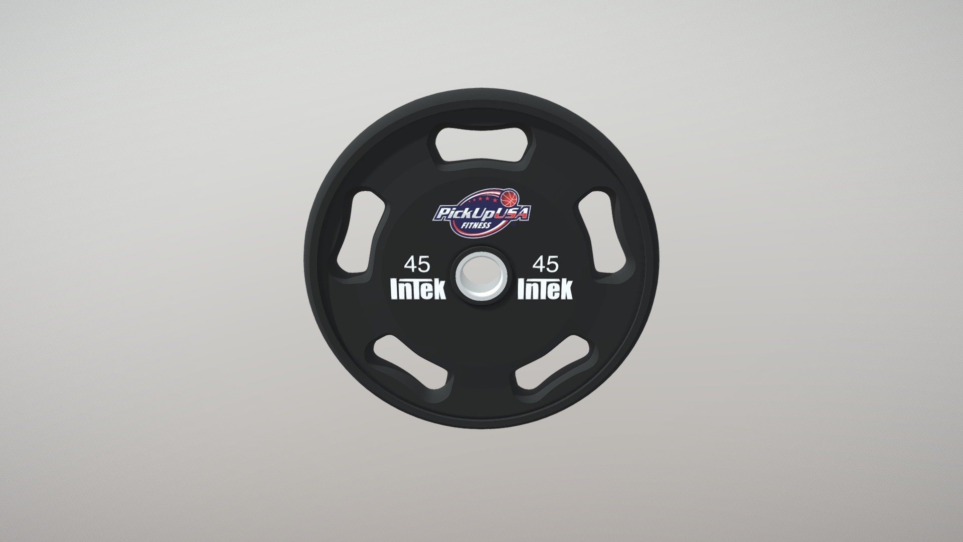 Intek Urethane Olympic Grip Plate customized with PickUp USA Fitness branding; 45 lbs weight; black color 3d model