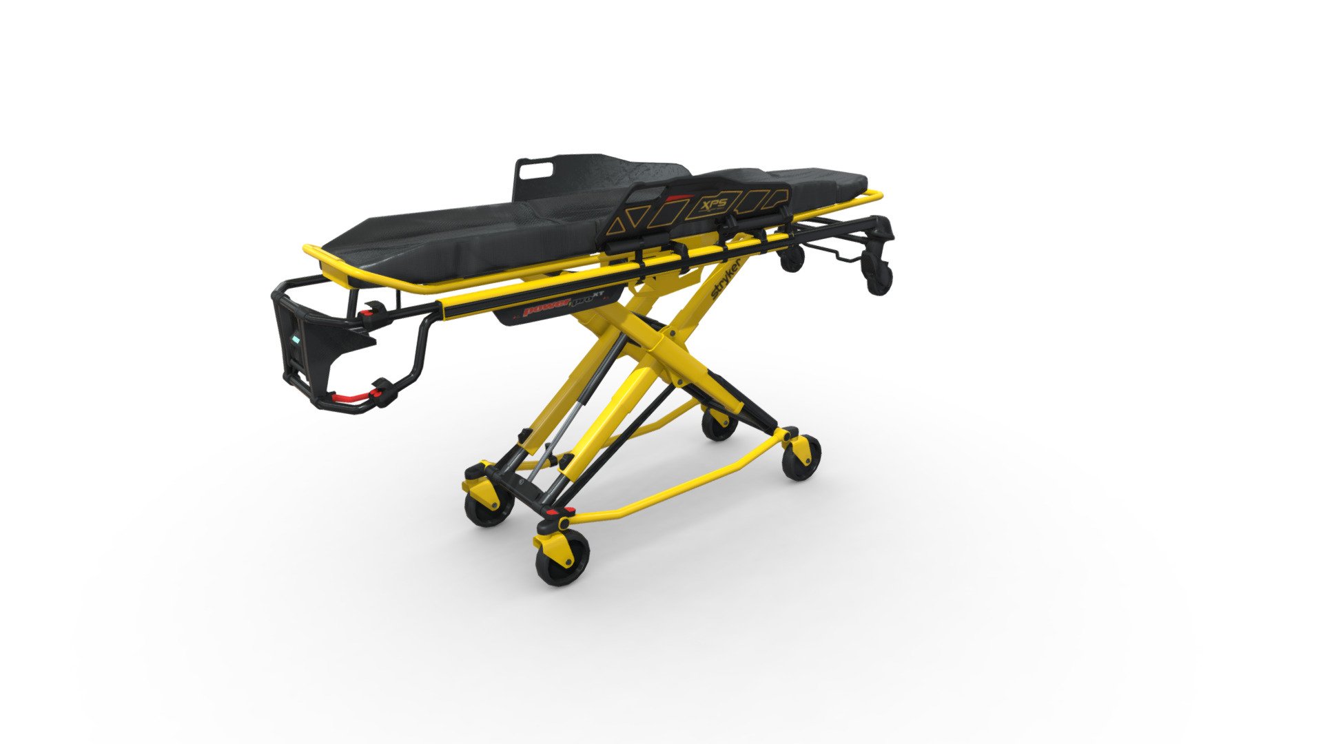 The Stryker Power Pro XT model 6506 is a cutting-edge powered ambulance cot, engineered to assist in the seamless lifting and lowering of the cot with its innovative battery-powered hydraulic system, activated at a simple button touch. Not only does this model exhibit an easy-to-use manual back-up system for utmost reliability, but its retractable head section is specifically designed for effortless navigation in tight spaces, irrespective of the height position. Further enhancing its functionality are features like the automatic high-speed retract, XPS Siderails, Steer-Lock system, and the SMRT Battery Kit, all meticulously integrated to meet the demanding standards of emergency medical services 3d model