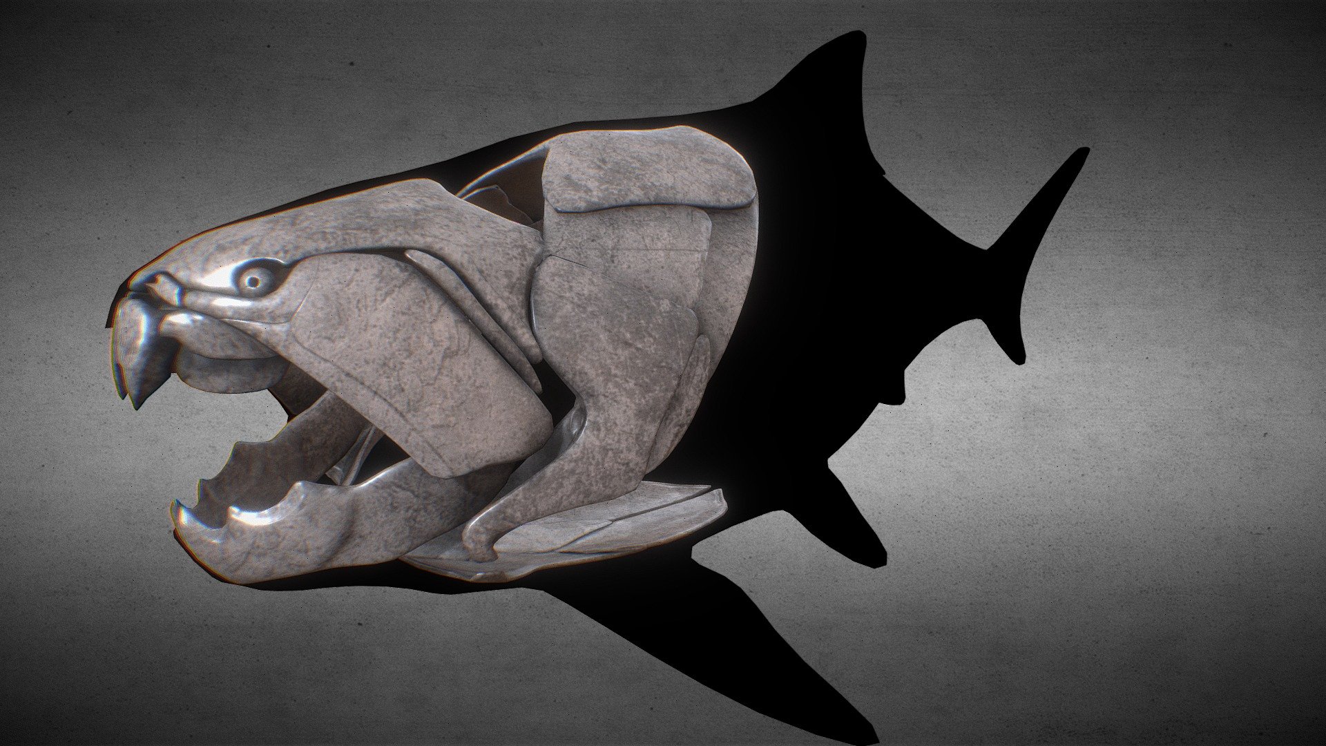 Reconstruction of Dunkleosteus with full body shown in silhouette. It was recently found that Dunkleosteus was likely much shorter than previously thought. 

Reconstruction mostly based on CMNH 5768 3d model