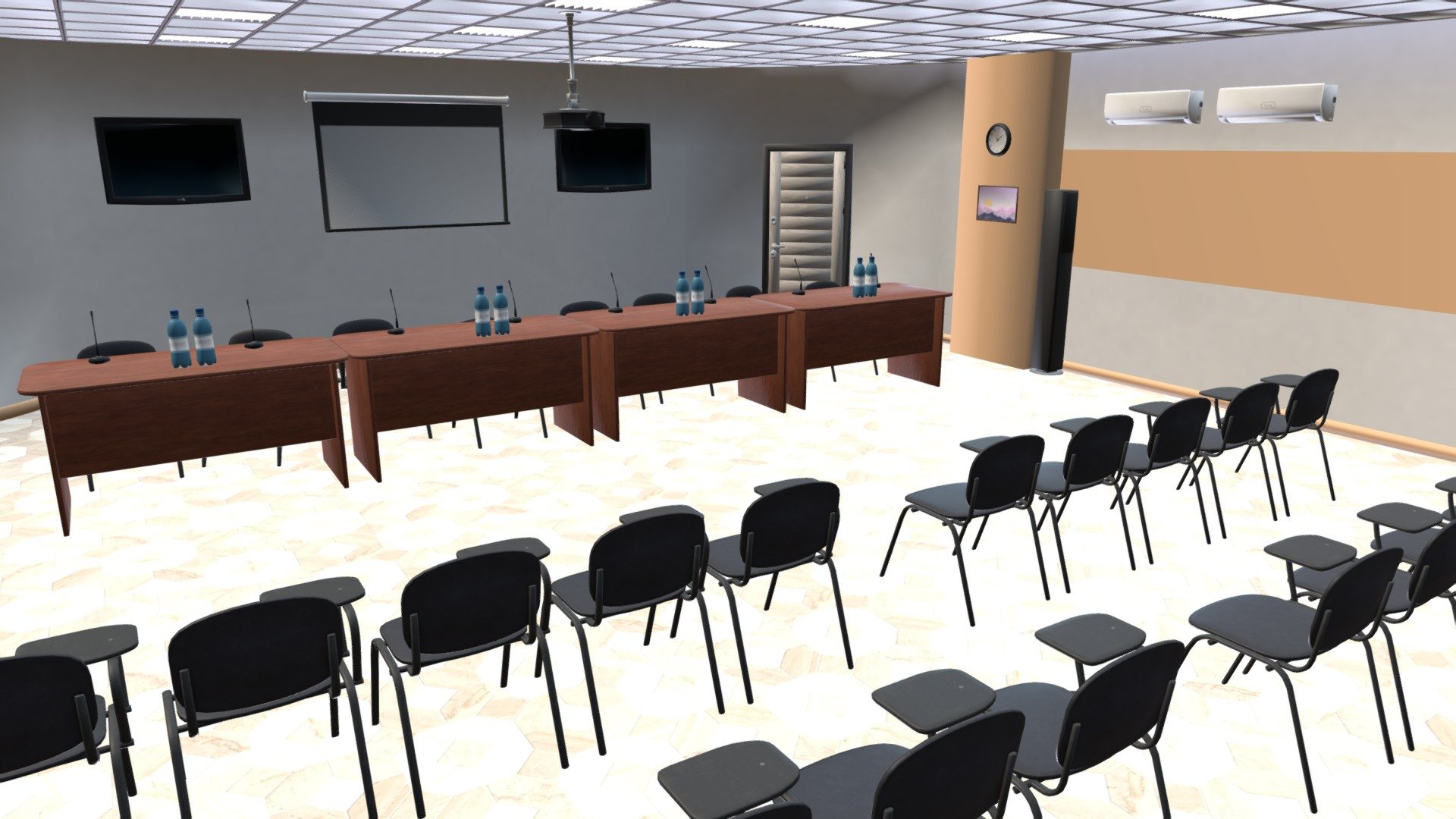 Mixaill studio presents a good solution for your games, VR projects and simulators. Conference hall - interior and props is an equipped conference room that will help you save time on implementing your ideas.
Pack includes a large set of necessary models:
room
window
door
wooden table
office stool
round wall clock
a picture in a frame
screen for projector
projector
floor acoustic speaker
plasma TV
bottle of water

All textures PBR.
We really hope that we can help you, also if you have any questions and wishes please write: Mixaill(dog)gmail.com - Conference hall - interior and props - Buy Royalty Free 3D model by Mixall (@Mixaills) 3d model