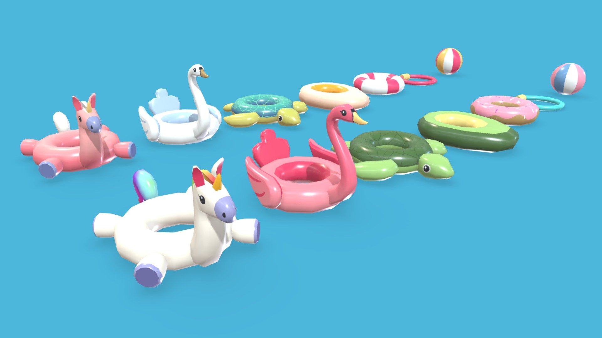 This asset pack contains some cute cartoon inflatable pool toys and floaties.
Those low-poly models are perfect for colorful and stylized swimming pool or beach scenes.

Low-poly assets for real-time use
Optimized and clean UV mapping




Unicorn - 1321 tris

Swan - 1034 tris

Turtle  - 804 tris

Avocado &amp; Egg - 288 tris

Donut &amp; Lifebelt - 288 tris

Pool ball - 162 tris

Pool noodle - 300 tris
 - Luceed Studio - Pool Toys & Floaties - 3D model by Luceed Studio (@luceedstudio) 3d model