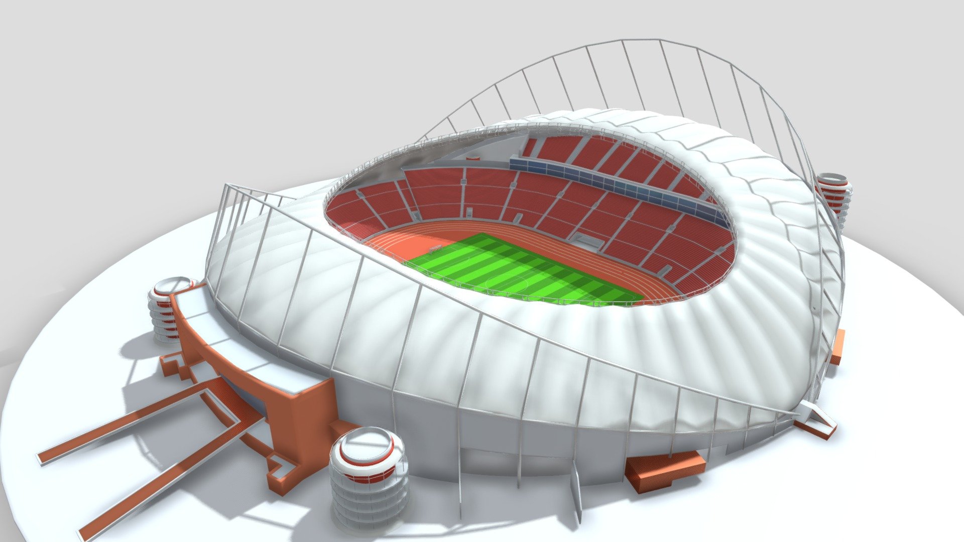 The Khalifa International Stadium, also known as the National Stadium, is a multi-purpose stadium located in the city of Doha, Qatar. It is the official headquarters of the Qatar football team 3d model