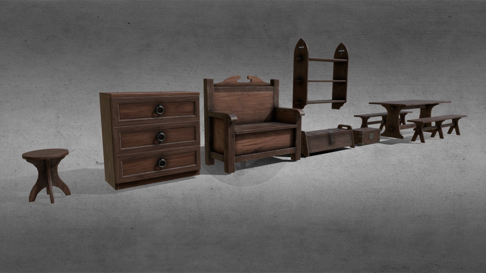 A pack of low poly medieval-style assets.
Furniture, chests, etc 3d model