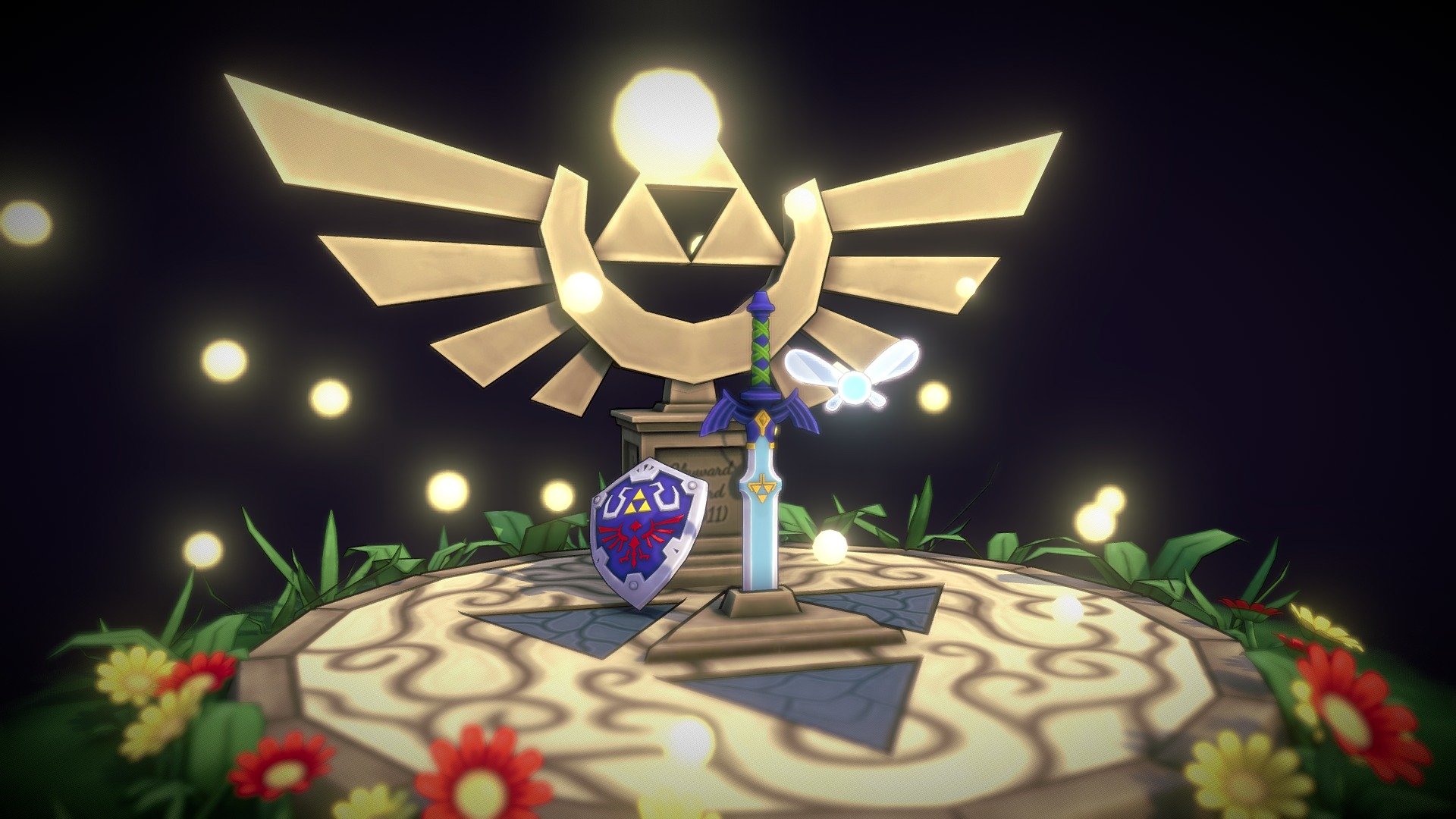 A fan-art from the game The Legend of Zelda! Link's Master Sword and shield awaiting for him on a calm, magic forest, while Navi flies around. Engraved on the statue, the games from the series that I have completed so far.

My first attempt at handpaint (well, months ago I did one with the mouse, but that doesn't count :P), and I'm really really satisfied with the mood of the scene and the result :D It's quite a change from my usual style.

It began as an approach to modeling in 3dsMax with the Master Sword, then with the shield&hellip; and I couldn't resist, I had to make the scene. Textured and animated with Blender.

It was really fun to make this one&hellip; I hope you like it! :)

(I really encourage you to play this song in the background to grasp the fully inmersive experience! https://www.youtube.com/watch?v=D53BB879bjQ) - The Legend of Zelda Diorama - 3D model by Ivanix88 3d model