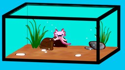 Axolotl in aquarium plants, rigging, happy, small, pet, rocks, rig, aquarium, pink, monocle, moustache, diorama, water, amphibian, salamander, cellshading, axolotl, handpainted, low-poly, glass, blender