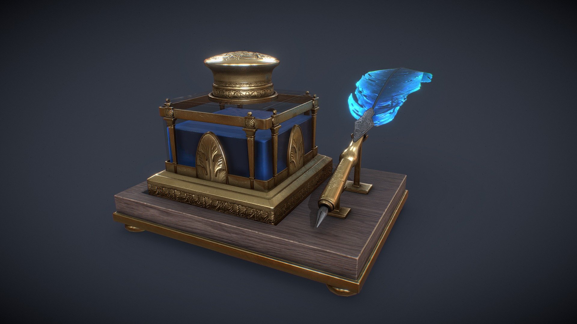 Hello All :) This is a golden inkwell for a victorian project with a nice blue ink and feather! Will be perfect to writte down this letter&hellip;

Made with Maya, PS and Substance.

You will find in the package Scene file, FBX and 2k Textures.
If you have any customs need, please feel free to contact me 3d model