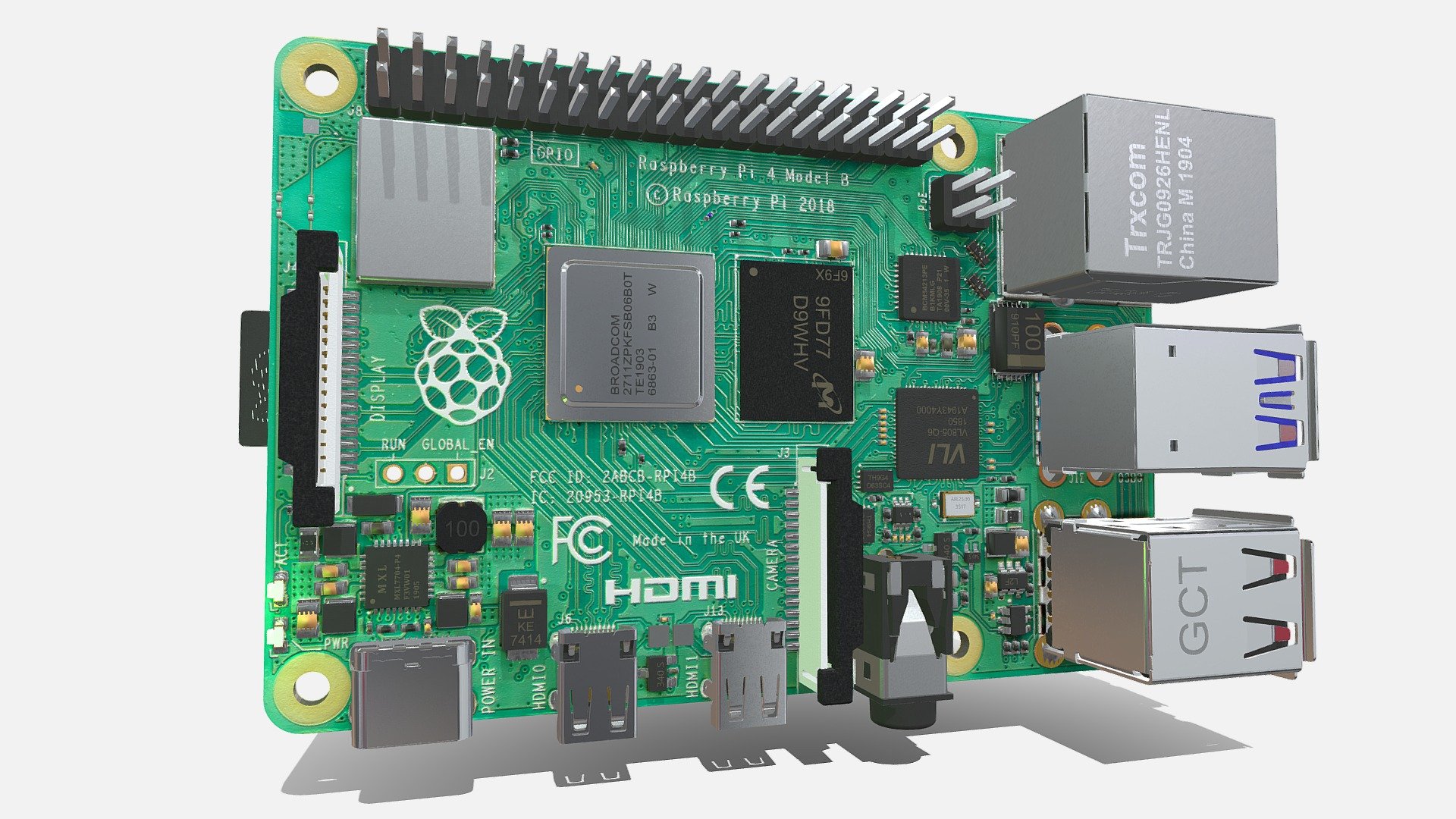 New version of a HIGH POLY 3D Model of the new RaspBerry Pi 4 Model B. 
Description is visible here : https://www.raspberrypi.org/products/raspberry-pi-4-model-b/

Model designed from the DXF file availble in the web site with blender tools v2.81. 
https://www.raspberrypi.org/documentation/hardware/raspberrypi/mechanical/README.md

All components can be modified (translate, delete,…). Don’t hesitate to comment somes hardware references that you want to see in sketchfab.

A low cost version of the model is available here : 
https://sketchfab.com/3d-models/raspberry-pi-4-model-b-37d36f67edaa4048b90858aa0af347e8
 - Raspberry Pi 4 Model B (new version) - Buy Royalty Free 3D model by F2A (@Fa_Sketch) 3d model