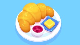 Croissant with Butter & Jam cute, plate, flat, breakfast, jam, croissant, butter, chunky, substancepainter, handpainted, 3dsmax, lowpoly