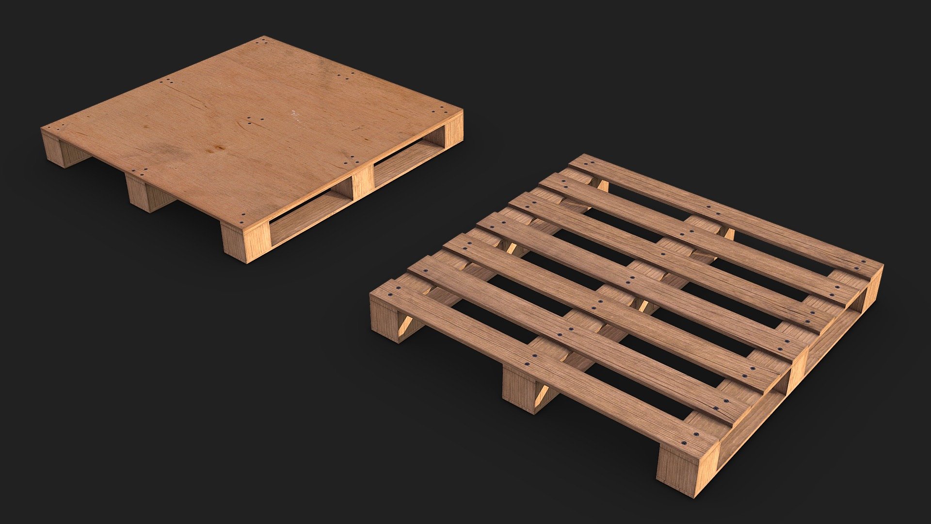Scene name: Wooden Pallets

Features

Unity3D &amp; Unreal Engine Compatibled

(PBR) low poly count and baked textures

This model often fits Warehouse  



Model Info

All Texture Size - 2048 x 2048 px 2x PBR



Used Softwares

Modeling: Blender

Texturing and Baking: Blender  



FREE FOR YOU | Download Now | +Comment - Wooden Pallets - Download Free 3D model by Erroratten 3d model