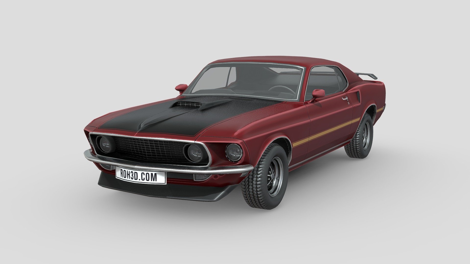 Low Poly Ford Mustang Mach 1 351 1969, nice geometry with only 10K polys. It also included PSD files, so you can easily change the color.

The Ford Mustang Mach 1 is a performance-oriented option package of the Ford Mustang muscle car, originally introduced in August 1968 for the 1969 model year. It was available until 1978, returned briefly in 2003, 2004, and most recently 2021.

As part of a Ford heritage program, the Mach 1 package returned in 2003 as a high-performance version of the New Edge platform. Visual connections to the 1969 model were integrated into the design to pay homage to the original. This generation of the Mach 1 was discontinued after the 2004 model year, with the introduction of the fifth generation Mustang.

Ford first used the name &ldquo;Mach 1