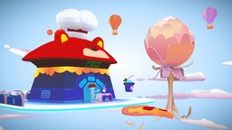 Stylized metaverse scene scene, flower, assets, coffee, platform, buildings, lotus, pizza, colorful, metaverse, character, game, blender, lowpoly, gameasset, stylized, animated