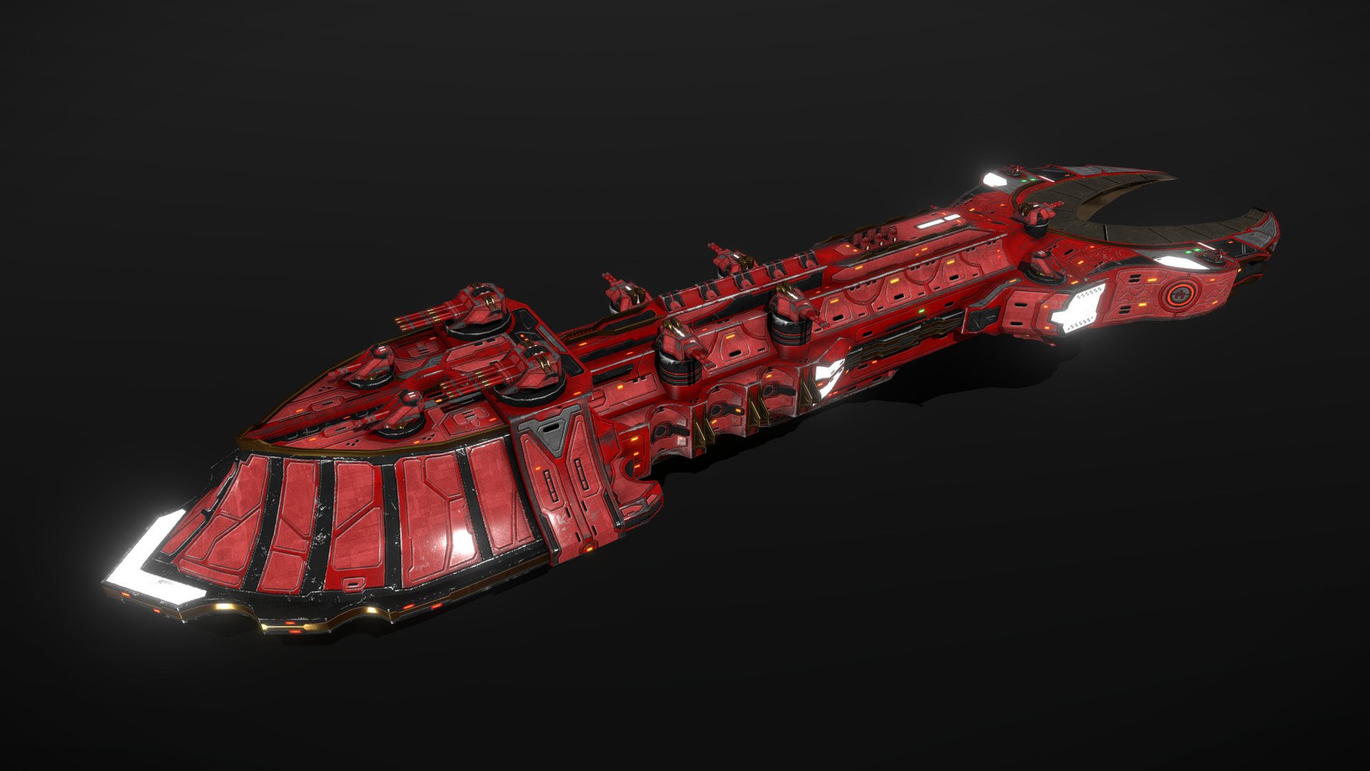 This is a model of a low-poly and game-ready scifi spaceship / space structure model. 

The weapons are separate meshes and can be animated with a keyframe animation tool. The weapon loadout can be changed too. 

The model comes with several differently colored texture sets. The PSD file with intact layers is included.

If you have purchased this model please make sure to download the “additional file”.  It contains FBX and OBJ meshes, full resolution textures and the source PSDs with intact layers. The meshes are separate and can be animated (e.g. firing animations for gun barrels, rotating turrets, etc) 3d model