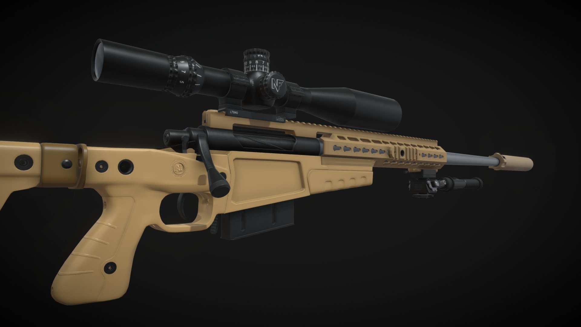 Highly detailed model of the action bolt MK13 mod-7 sniper rifle with some of its accessories such as the Nightforce Scope, LaRue Tactical Mout scope and Surefire suppressor. 
Software used: Autodesk Maya, Substance Painter and Adobe Illustrator 3d model