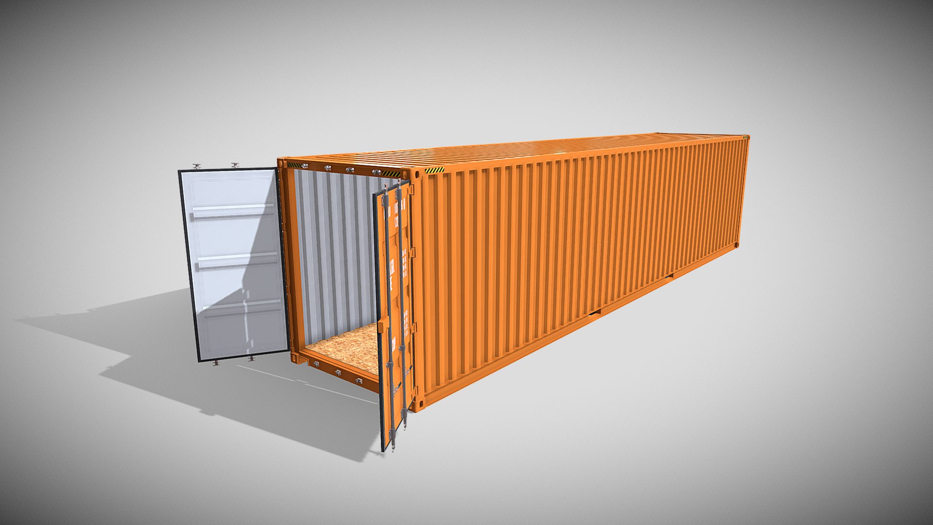 40ft Shipping Container 3d model rendered with Cycles in Blender, as per seen on attached images. 

File formats:
-.blend, rendered with cycles, as seen in the images;
-.obj, with materials applied;
-.dae, with materials applied;
-.fbx, with materials applied;
-.stl;

-.blend, with doors open, rendered with cycles, as seen in the images;
-.obj, with doors open, with materials applied;
-.dae, with doors open, with materials applied;
-.fbx, with doors open, with materials applied;
-.stl;

Files come named appropriately and split by file format.

3D Software:
The 3D model was originally created in Blender 2.8 and rendered with Cycles.

Materials and textures:
The models have materials applied in all formats, and are ready to import and render.
The model comes with two png image textures.

Preview scenes:
The preview images are rendered in Blender using its built-in render engine &lsquo;Cycles' 3d model
