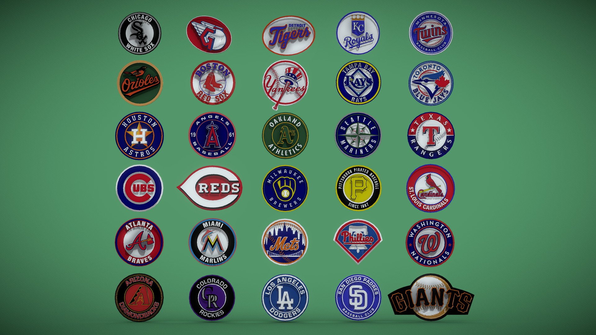 Major League Baseball
EVERY TEAM'S LOGO Printable and renderable versions

Ready to print
Ready to render
Videogame Real Time ready
10cms tall each one approx
Merged and color-splitted models
Format: FBX vertex color and STL full and splitted versions
Ilustrator vector included

Teams:

Arizona Diamondbacks
Atlanta Braves
Baltimore Orioles
Boston Red Sox
Chicago Cubs
Chicago White Sox
Cincinnati Reds
Cleveland Guardians
Colorado Rockies
Detroit Tigers
Houston Astros
Kansas City Royals
Los Angeles Angels
Los Angeles Dodgers
Miami Marlins
Milwaukee Brewers
Minnesota Twins
New York Mets
New York Yankees
Oakland Athletics
Philadelphia Phillies
Pittsburgh Pirates
San Diego Padres
Giants
Mariners
Cardinals
Tampa Bay Rays
Texas Rangers
Toronto Blue Jays
Washington Nationals

If you have any questions do not hesitate to write me, I will be happy to answer! - MLB Major League Baseball EVERY TEAM'S LOGOS - Buy Royalty Free 3D model by generalista3D (@adelin) 3d model