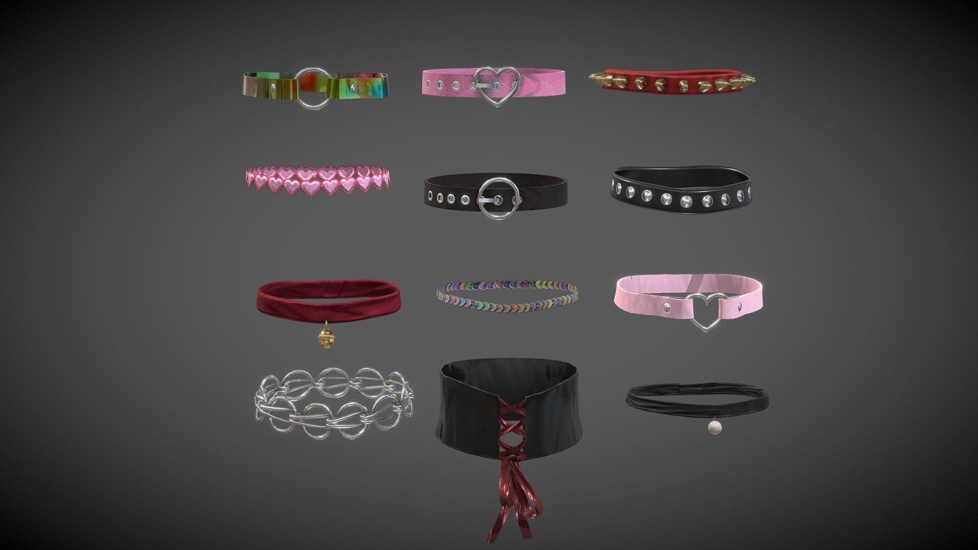 Chokers / Gothic Necklaces- low poly pack 2

4096x4096 PNG texture

Triangles: 11.9k 
Vertices: 6.2k 




👓  my glasses collection &lt;&lt;
 - Chokers / Collars - low poly pack 2 - Buy Royalty Free 3D model by Karolina Renkiewicz (@KarolinaRenkiewicz) 3d model
