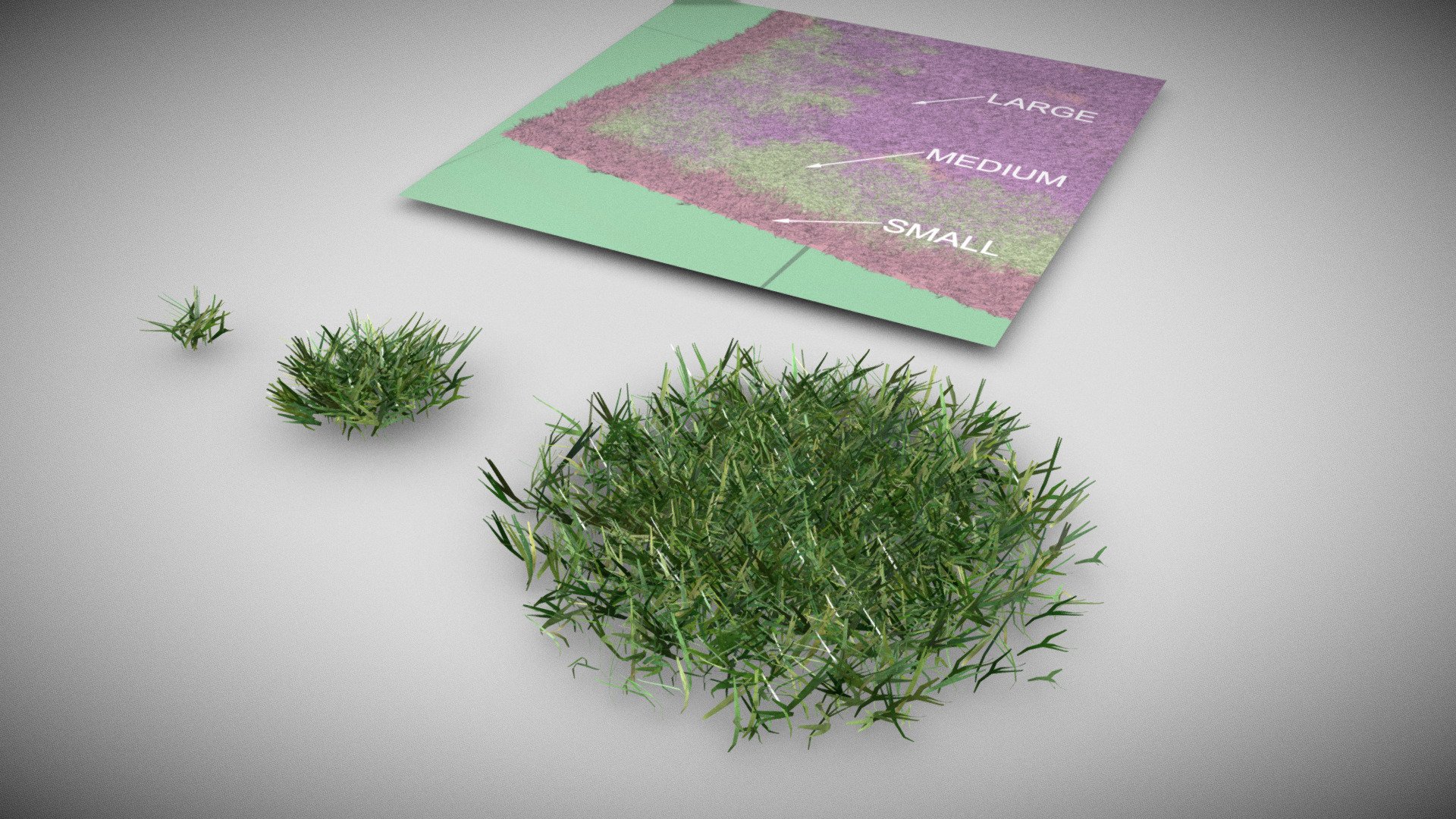 Simple grass models for a lawn.

Small, medium and large clumps so you can fill the edge and tight corners with the smaller model and  cover larger areas with the larger model.

Renders efficeintly with instancing 3d model