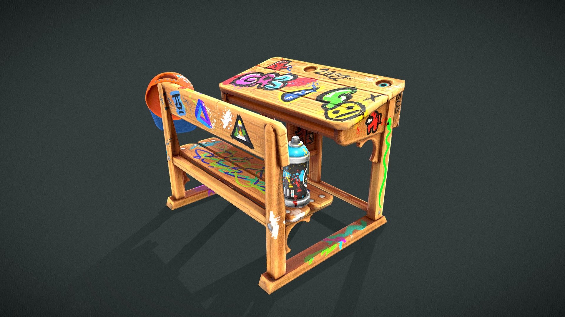 A stylized desk I had to do for a school assignment. This one got tagged by a bad boy! - Tagged school desk - 3D model by Etienne Sachot (@Berzing) 3d model