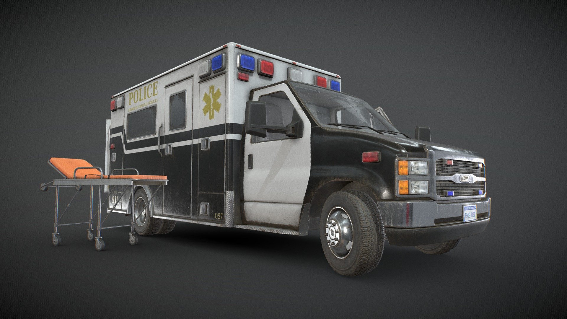 Game Ready Ambulance with finished interior and Stretcher included:


The unit of measurement used is centimeters
Front and back doors, wheels and steering wheel are separated and can be easily rigged/animated.
Interior and Box Interior are separate objects to detach if needed.
Stretcher as separate object and with 2 versions (open and folded)
PBR textures
All branding and labels are custom made
Second uv channel included
Packed ORM textures included
Average texel density: 1040 px/m

Polys:


Ambulance: 31.272 tris
Stretcher: 3.344 tris
TOTAL: 34.616 tris

Maps sizes: 


Body: 4096x4096
Details: 4096x4096
Interior: 4096x4096
Box Interior: 4096x4096
Wheels: 2048x2048
Windows: 2048x2048
Stretcher: 2048x2048

Provided Maps:


Albedo 
Normal
Roughness
Metalness
AO
Opacity included in Albedo (windows)
Emissive

Formats Incuded - MAX / BLEND / OBJ / FBX 

This model can be used for any game, film, personal project, etc. You may not resell or redistribute - Ambulance Type 5 - Low Poly - Buy Royalty Free 3D model by MSWoodvine 3d model