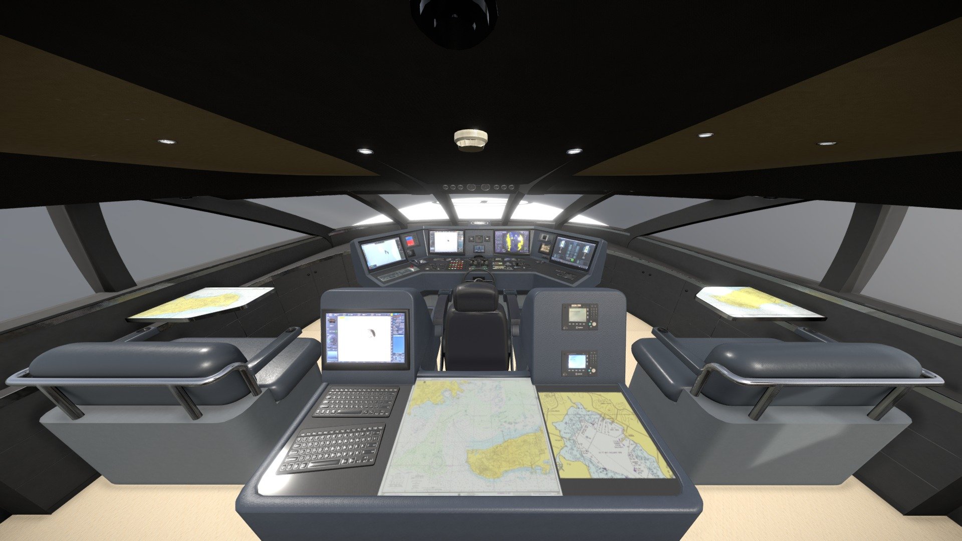 Wheelhouse compartment of Dragonfly yacht. All objects have PBR materials and textures. The interior has been modeled and scaled using reference images and yacht blueprints 3d model
