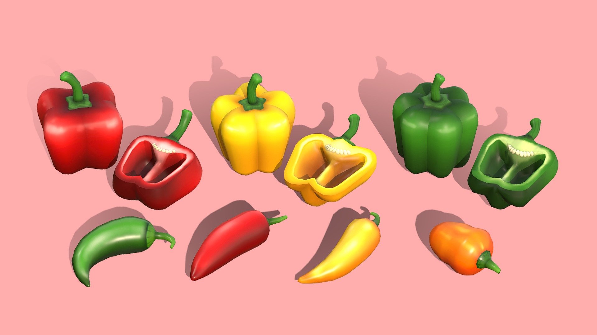 A variety of spicy peppers to choose from!




Seven different kinds of peppers - Red, Yellow and Green bell peppers with their cut versions, jalapeno, banana, chili and scotch bonnet

1024x1024 diffuse texture maps - can be lit or unlit

Lowpoly, modeled in Maya and handpainted in Photoshop
 - Hot and Sweet Peppers - Buy Royalty Free 3D model by Megan Alcock (@citystreetlight) 3d model