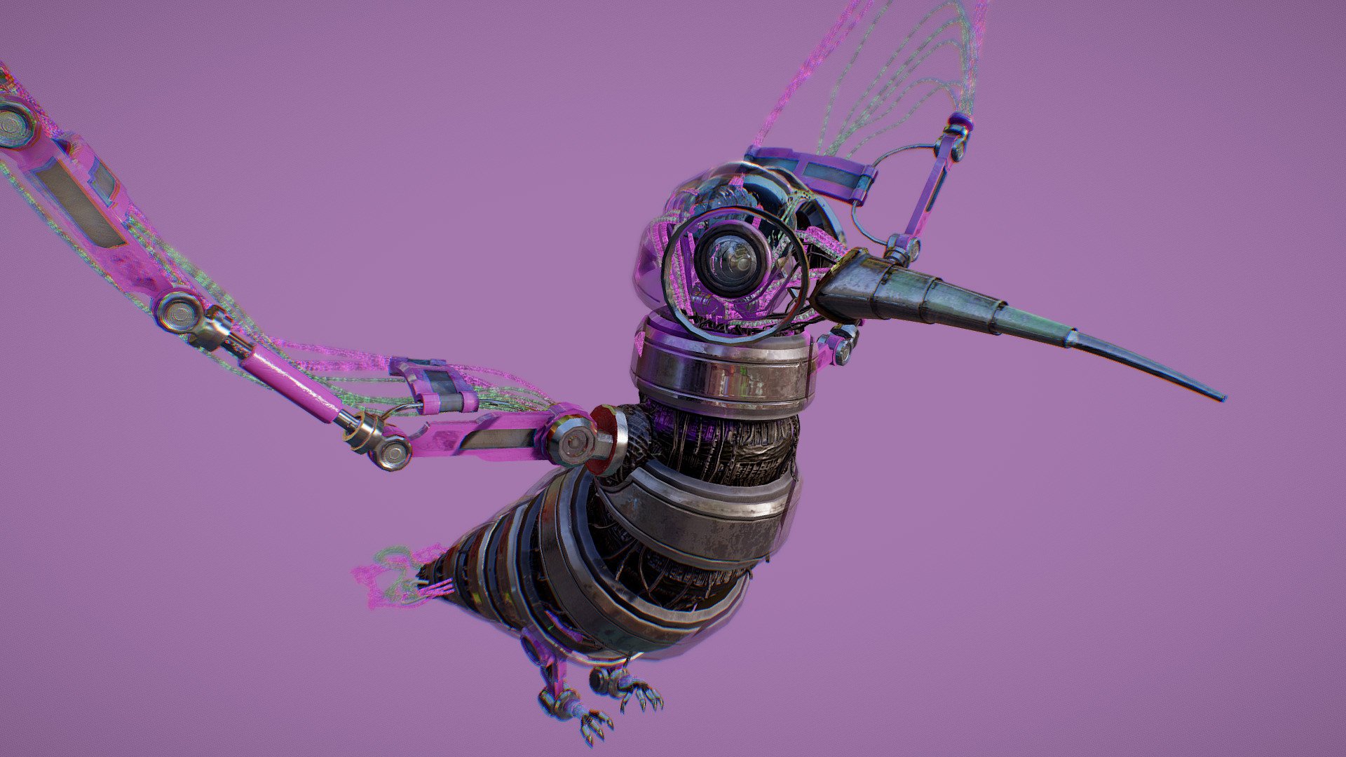 A pet for everyone from the year 2077!

Modelled and animated in Blender and textured in SubstancePainter!
More pictures you can find here: https://www.artstation.com/artwork/68XZPn - Hummingbird mech - 3D model by Tom Breuer (@TomBreuer) 3d model
